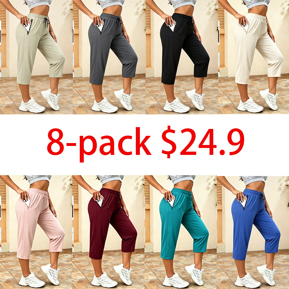 Last Chance Special! 8 Pieces for $24.9, Today Only! Women's Summer Casual Capris – Drawstring Waist with Zippered Pockets, Quick-Dry Athletic Pants for Running & Outdoor Sports