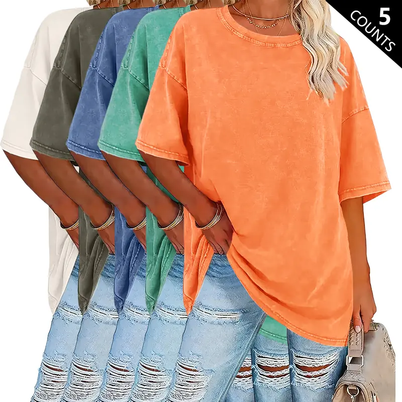Women's 5-Pack Washed Cotton T-Shirts – 230g/m² Heavyweight Vintage Crew Neck Summer Tees