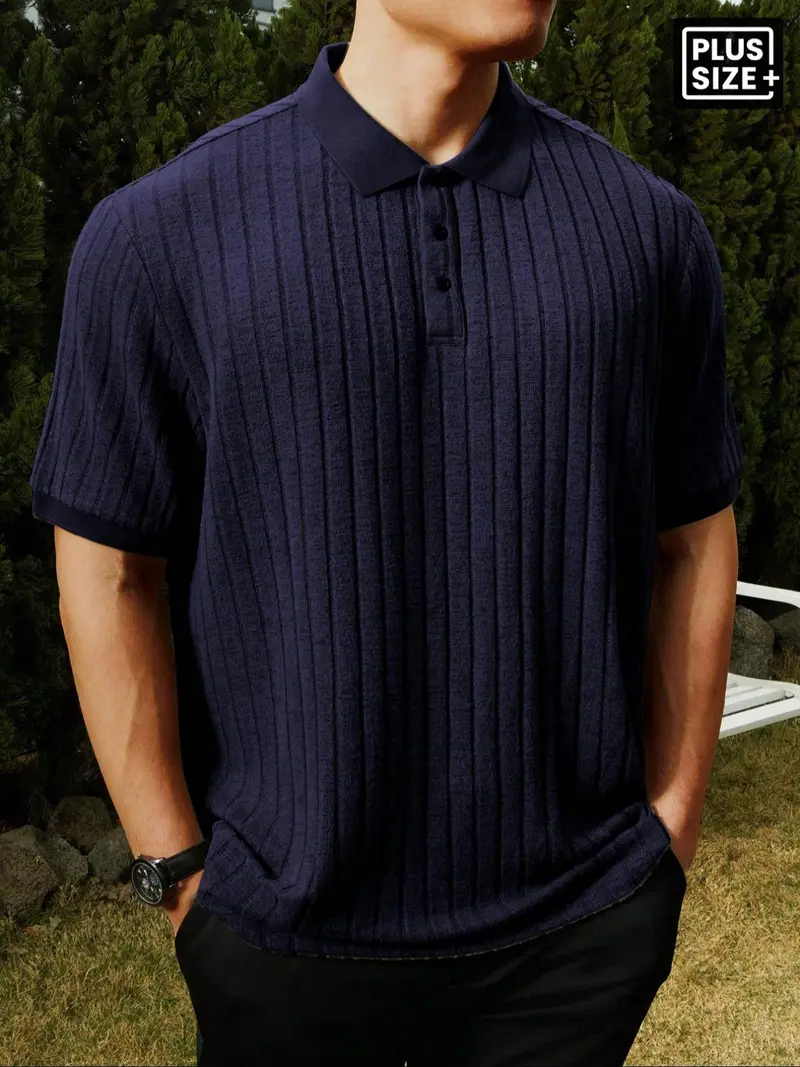 Plus Size Men's Ribbed Polo Shirt – Loose Knit Collar Striped Casual Short Sleeve Top