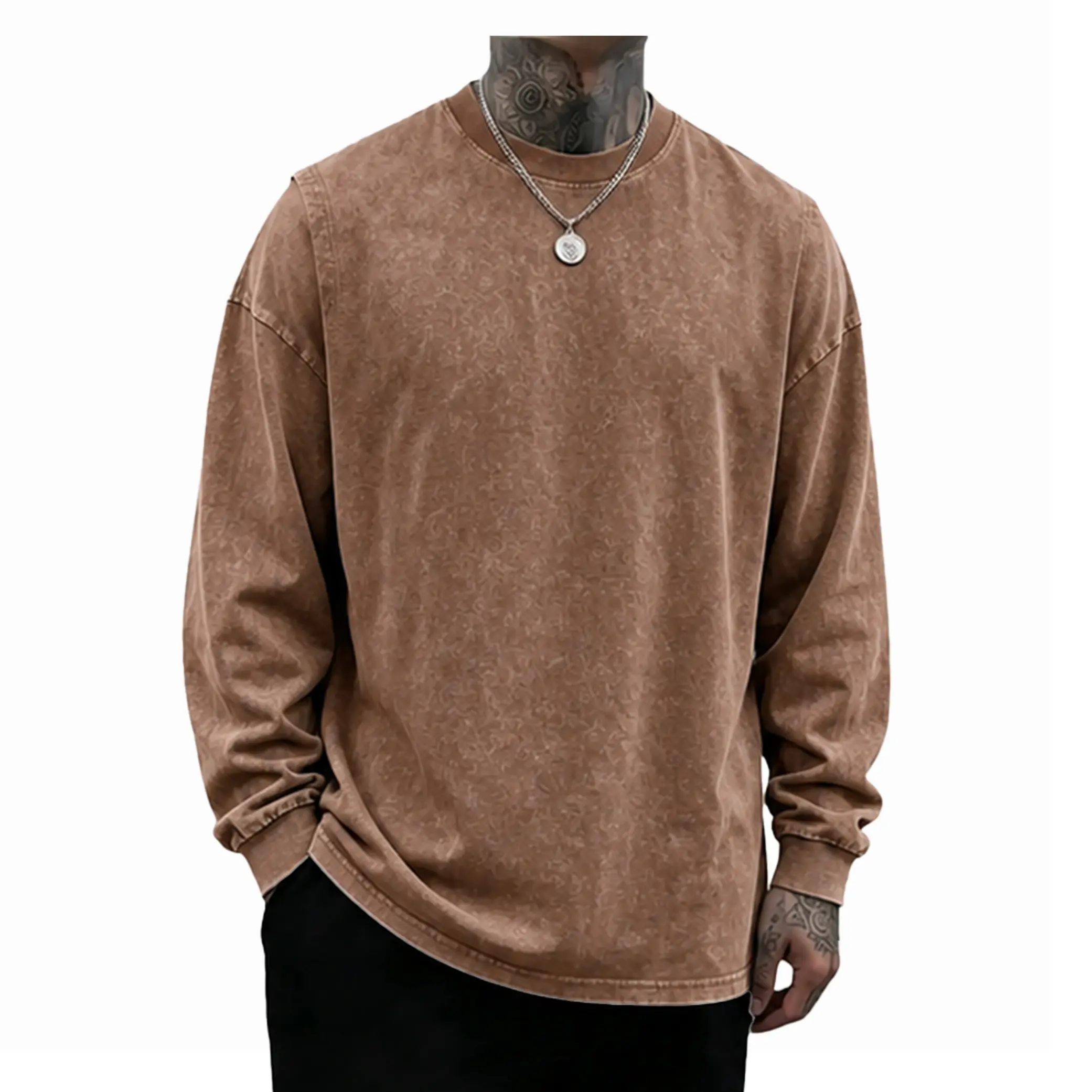 Men's 8-Pack Oversized Washed Long-Sleeve Tee – Unisex Distressed Vintage Crewneck Top