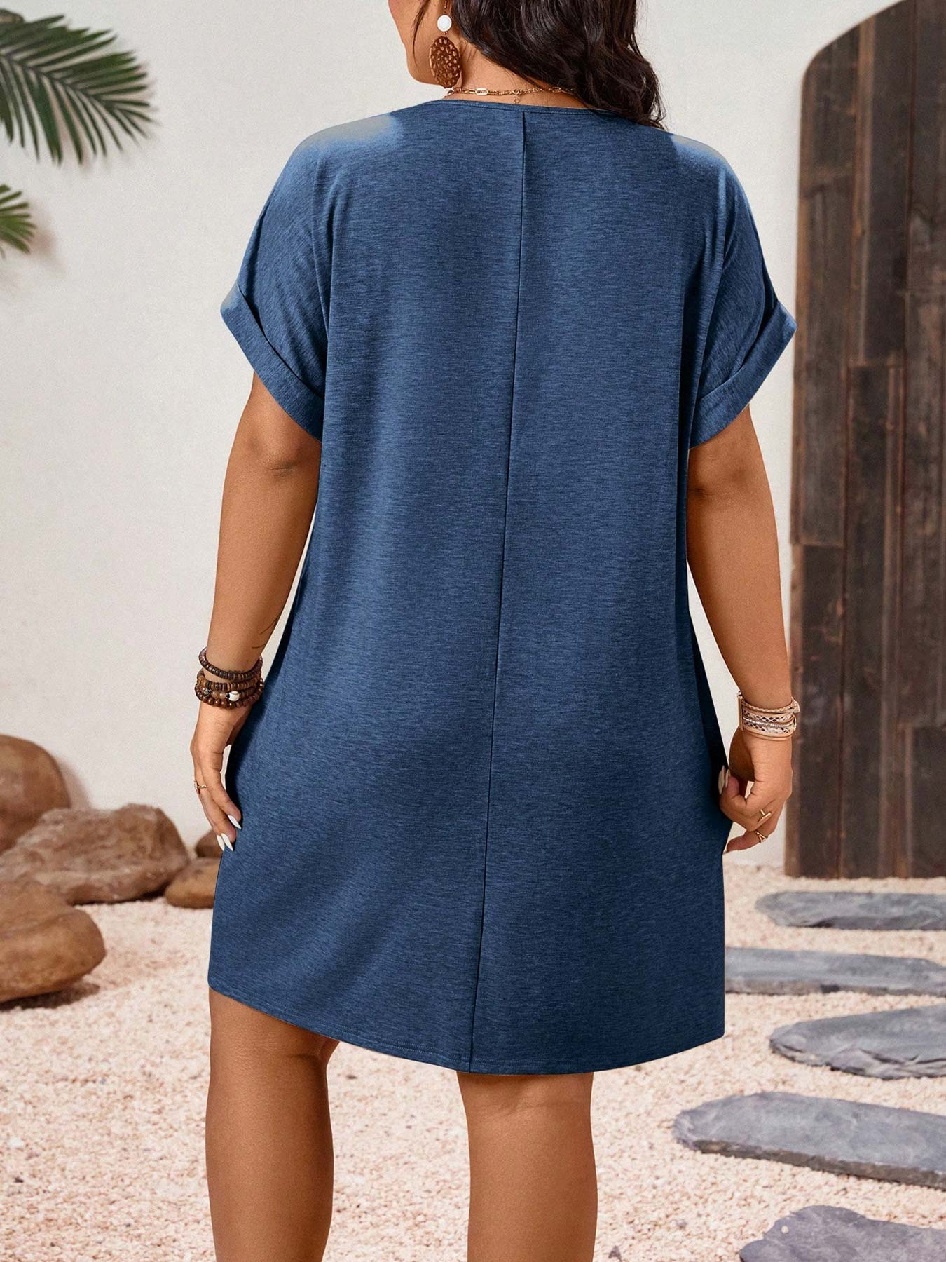 Plus Size Women's Loose T-Shirt Dress – V Neck Batwing Sleeve Casual Summer Vacation Dress