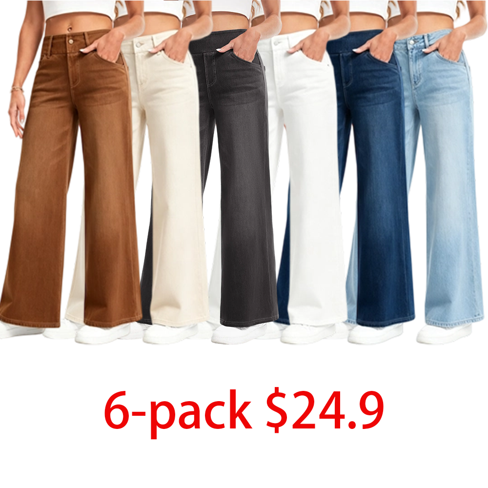 Women's Wide Leg Stretchy Jeans – Elastic High Waist Pull On Baggy Tummy Control Trousers for Casual Work Wear