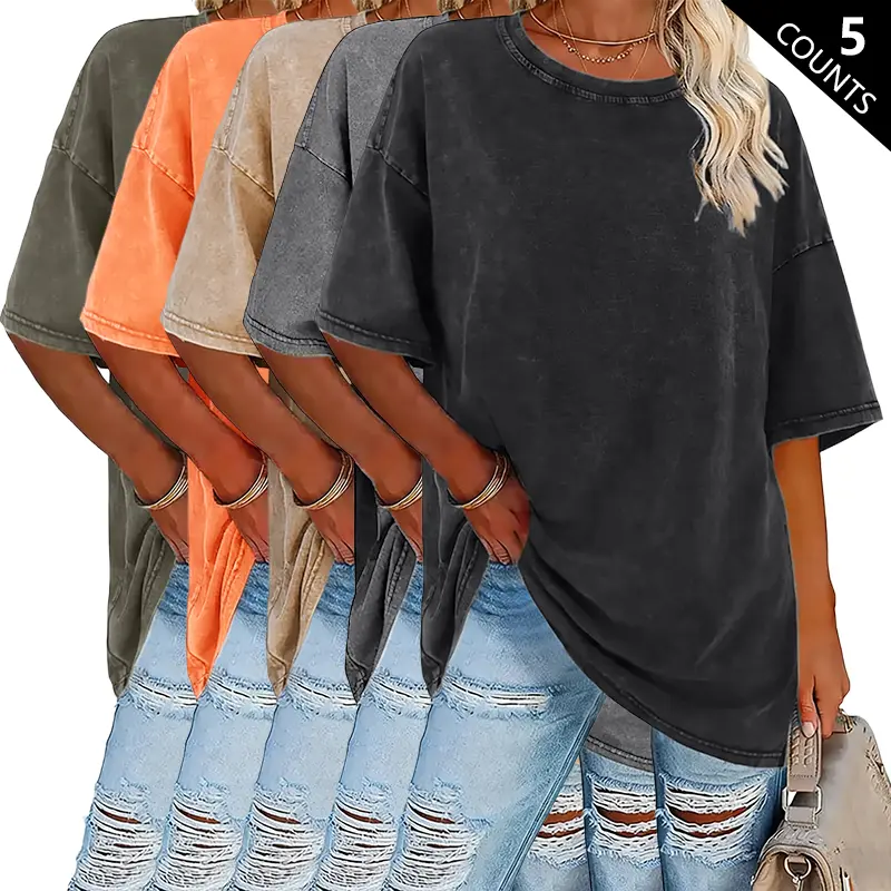 Women's 5-Pack Washed Cotton T-Shirts – 230g/m² Heavyweight Vintage Crew Neck Summer Tees