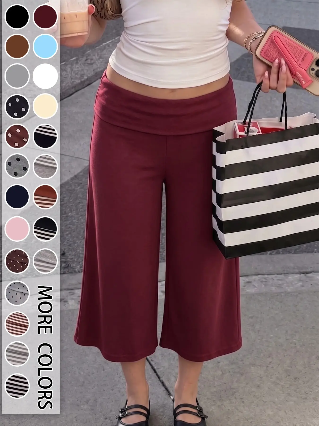 Women's Turn-Up Capri Leggings – Mid Low Waist Loose Fit Yoga Pants