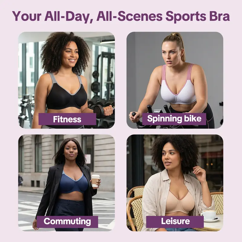 Women's 5-Pack Plus Size Sports Bra – Soft Support Non-Padded Unlined Full Coverage Activewear with Wide Straps & Outside Underwire for Everyday Fitness