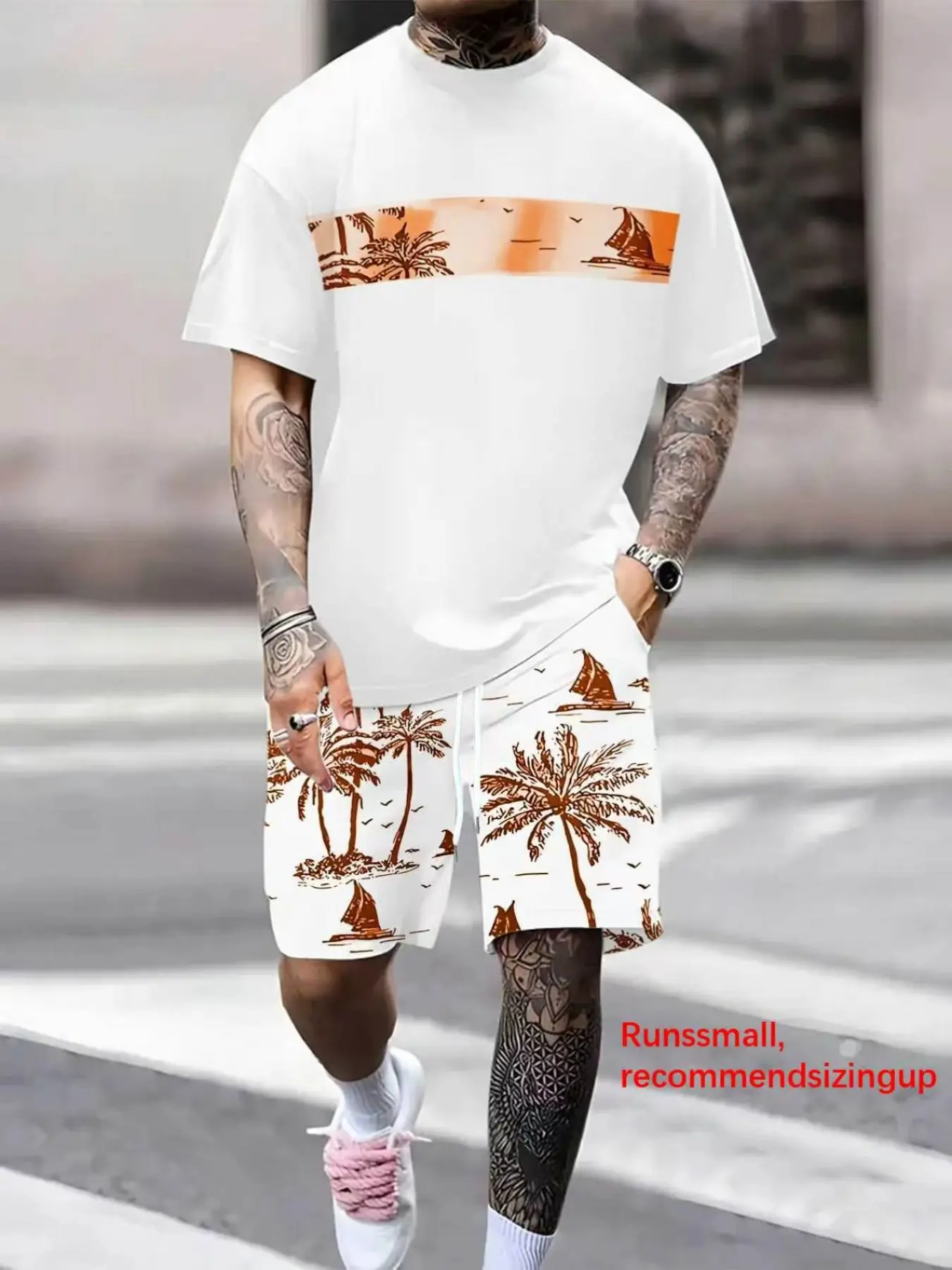 Men's Tropical Palm Tree Print T-Shirt and Shorts Set, Casual Fitted All-Over Print Outfit for Summer, Fashion Comfortable Wear