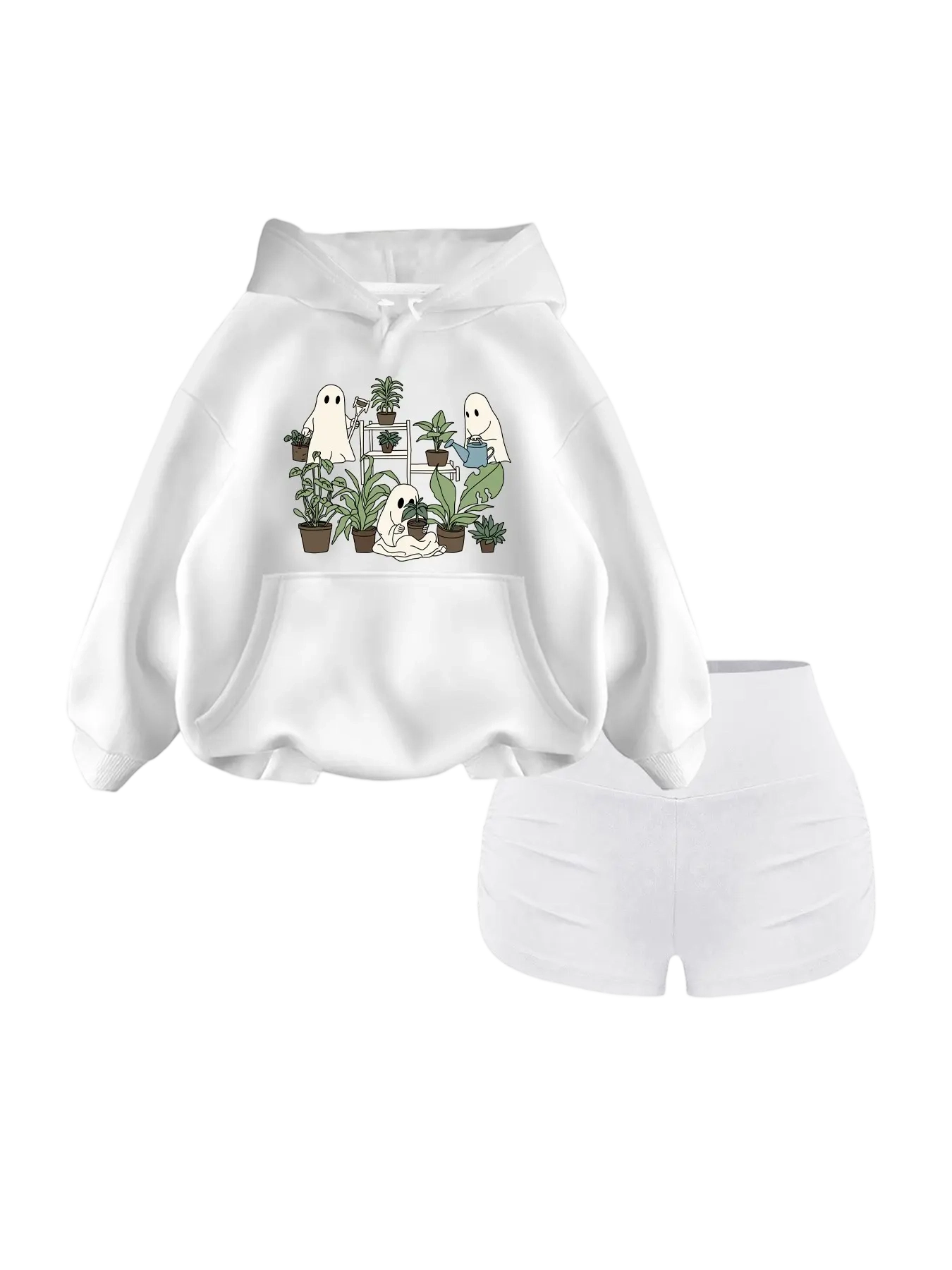 Women's 2-Piece Hooded Sweatshirt Set – Preppy Knit Pullover with Pocket & Halloween Print