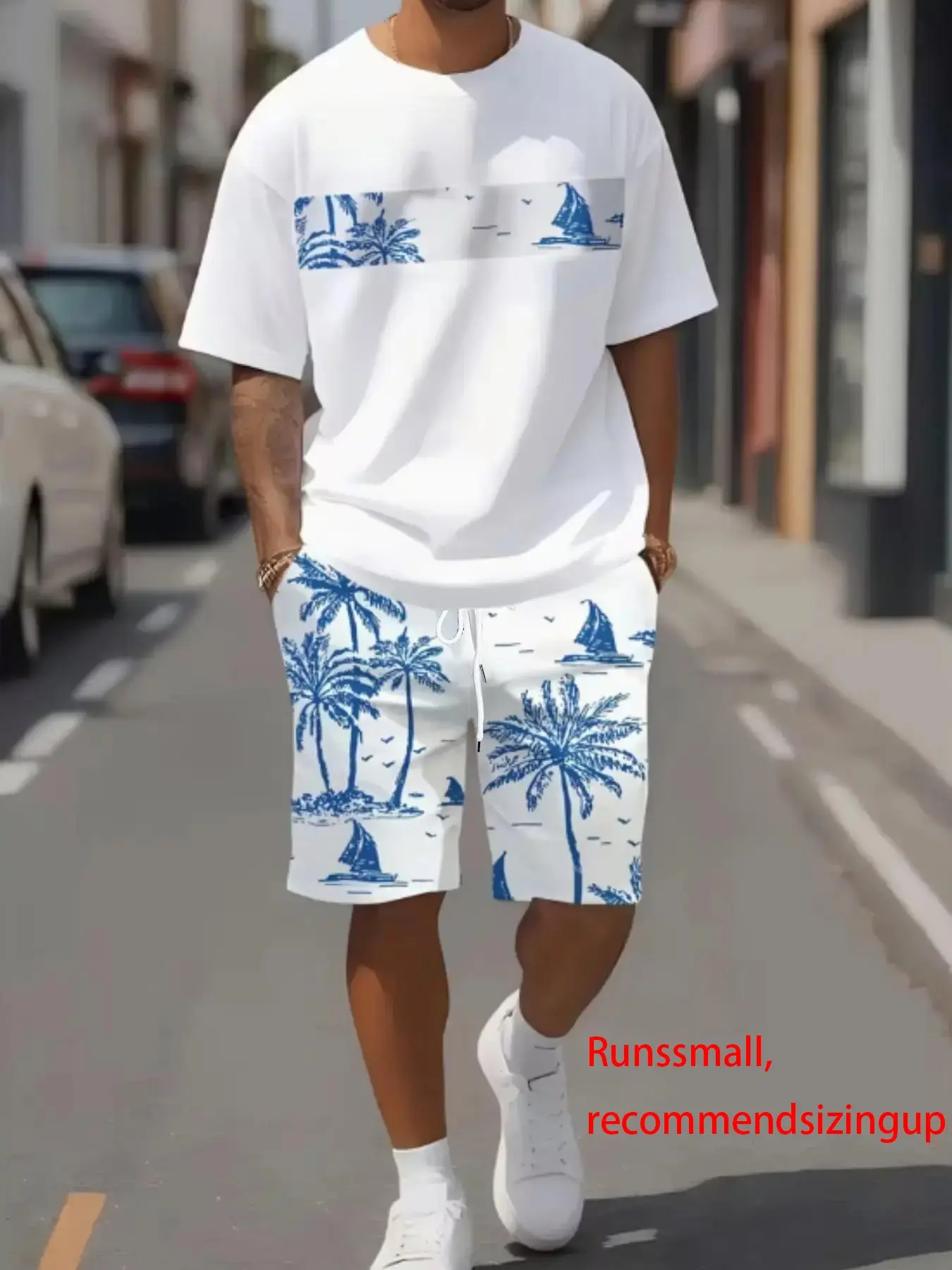 Men's Tropical Palm Tree Print T-Shirt and Shorts Set, Casual Fitted All-Over Print Outfit for Summer, Fashion Comfortable Wear