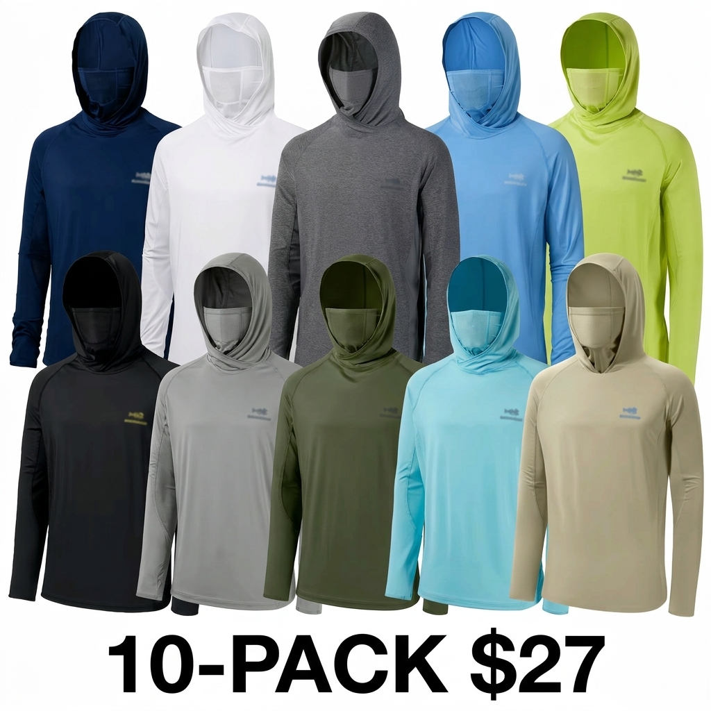 Men's UPF 50+ Long Sleeve Fishing Hoodie – Built-in UV Mask & Neck Gaiter
