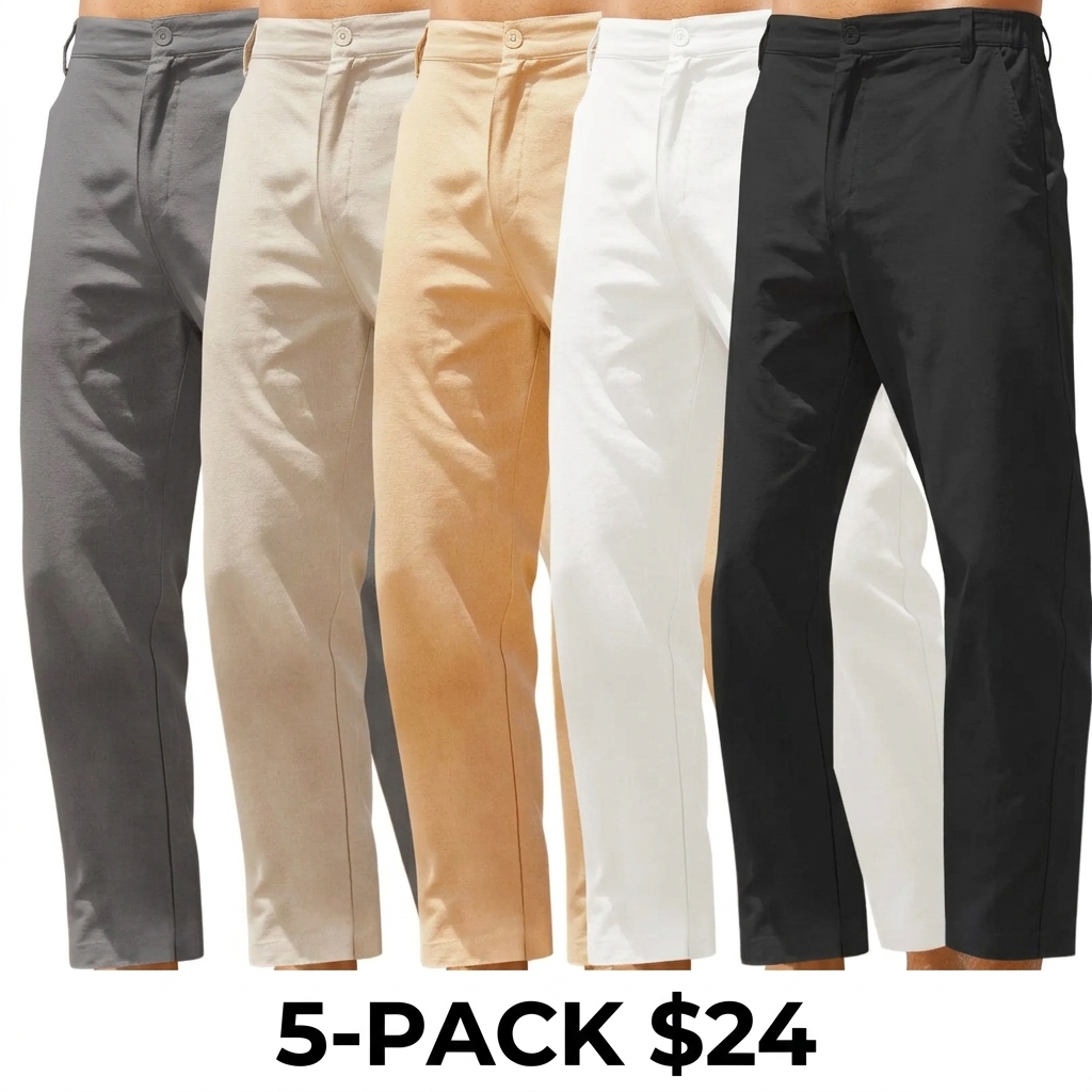 Men's Cotton Linen Slim Fit Pants – Elastic Waist Lightweight Casual Trousers with Pockets