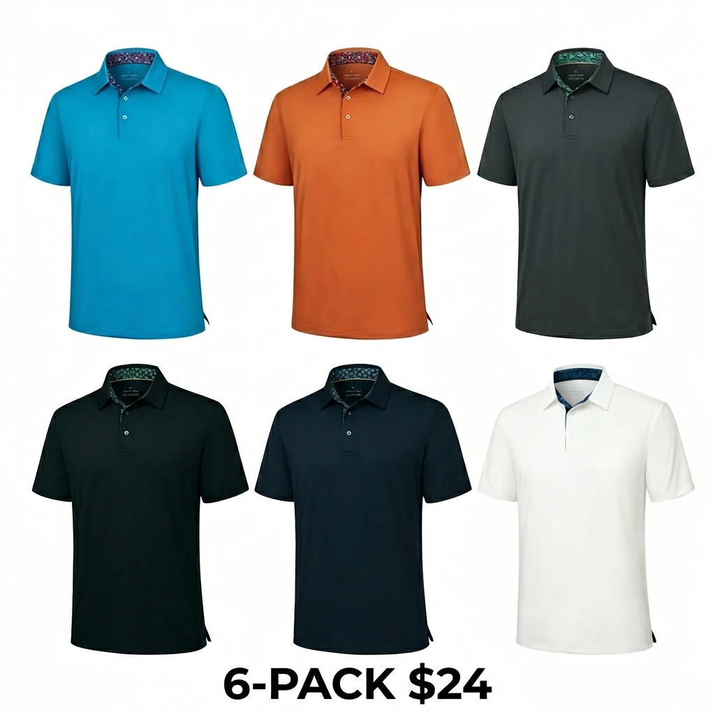 Men's 6-Pack Performance Polo Shirts – Breathable, Quick-Dry, UPF30+