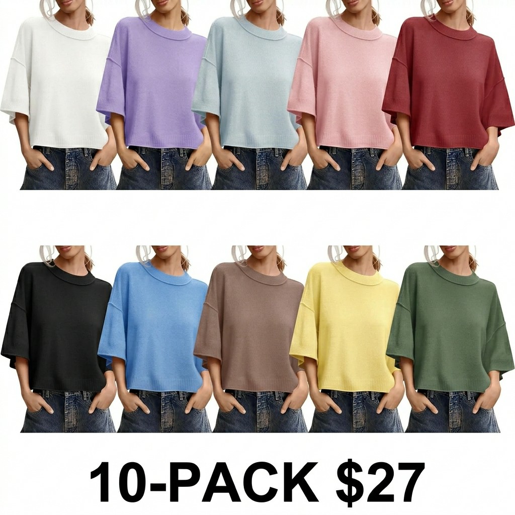 Women's Oversized Cropped Sweater – Short Sleeve Lightweight Knit Summer Top