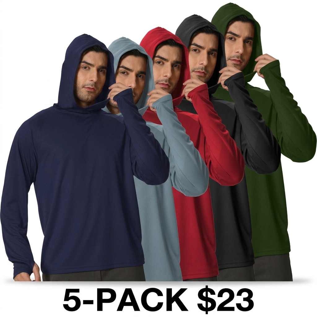 Men's 5-Pack Sun Protection Hoodie – Breathable Long Sleeve Rash Guard for Fishing & Swimming