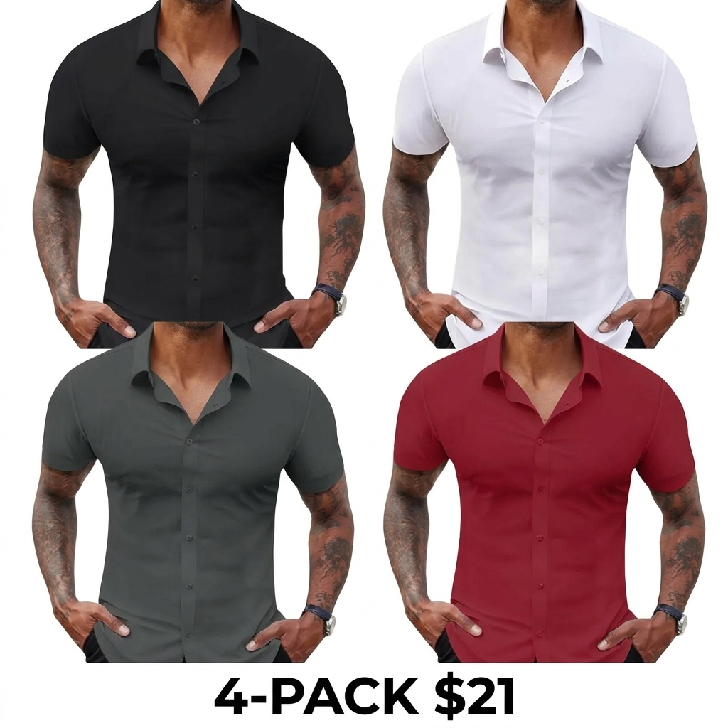 Men's 7-Pack Stretch Slim Muscle Fit Short Sleeve Dress Shirts – Casual Button-Down Style