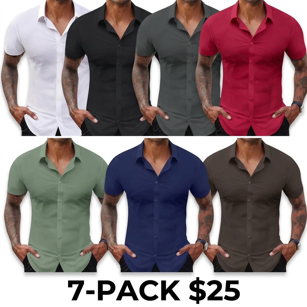 Men's 7-Pack Stretch Slim Muscle Fit Short Sleeve Dress Shirts – Casual Button-Down Style