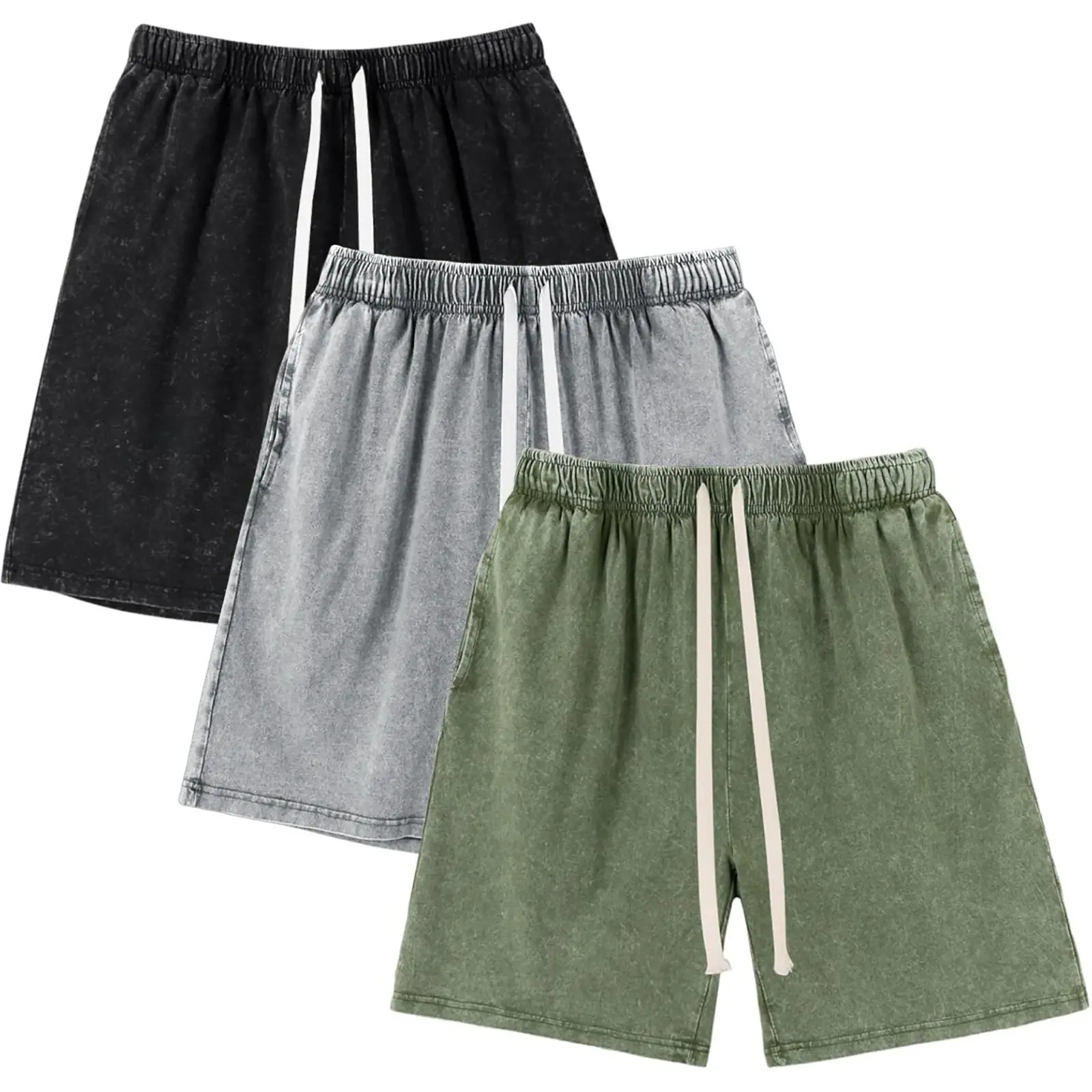 Unisex Acid Wash Cotton Sweat Shorts – Elastic Waist Drawstring Athletic Bottoms with Pockets