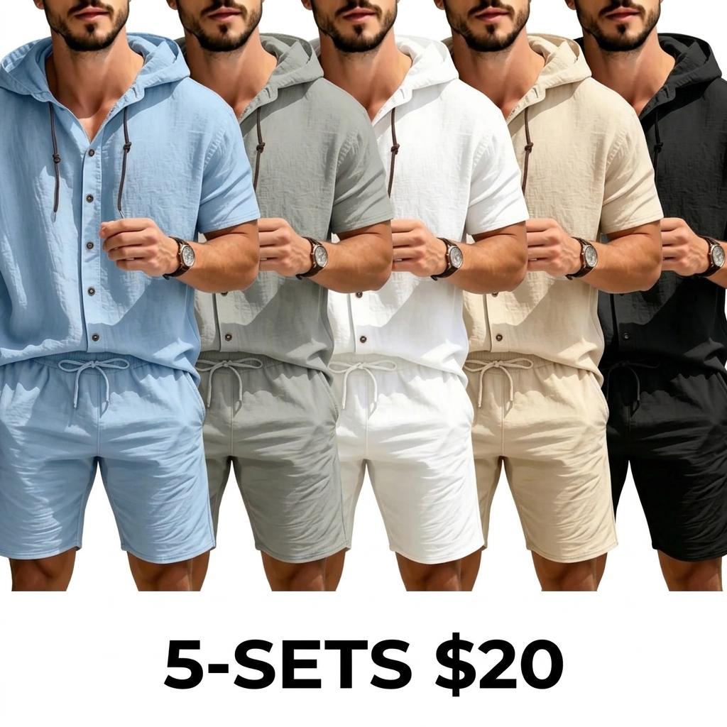 Men's Linen 2-Piece Summer Set – Hooded Henley Top & Matching Shorts, Casual Versatile Outfit