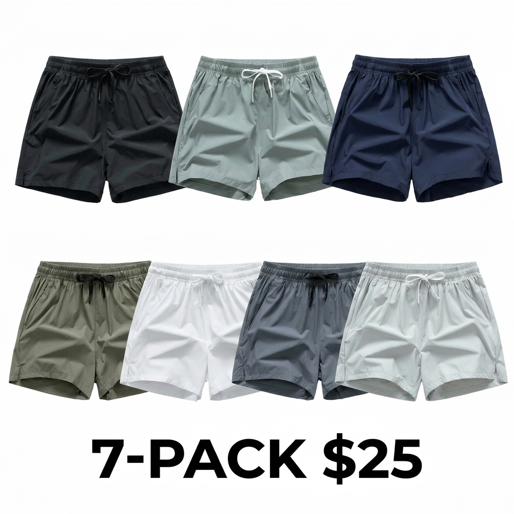 Men's 7-Pack Quick Dry Beach Shorts – Lightweight Breathable Swim Trunks with Pockets & Elastic Drawstring Waist