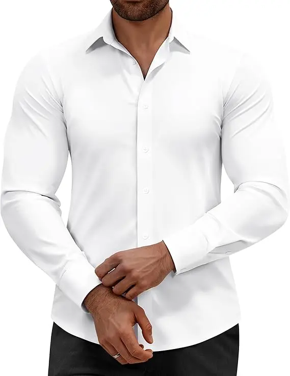 Men's 16-Way Stretch Slim Fit Dress Shirt – Breathable Quick Dry Long Sleeve Button Down, Wrinkle-Free Traveler Top