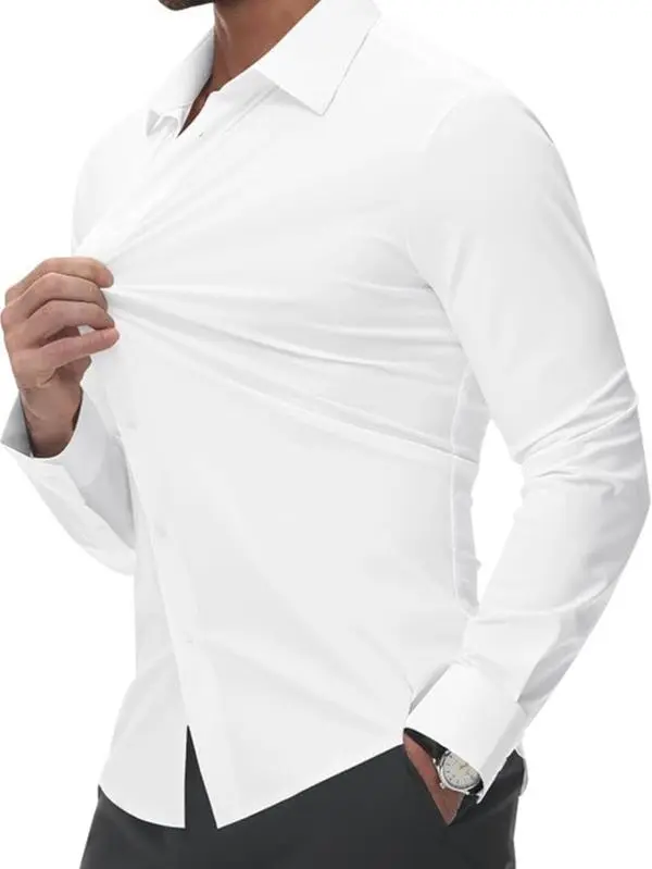 Men's 16-Way Stretch Slim Fit Dress Shirt – Breathable Quick Dry Long Sleeve Button Down, Wrinkle-Free Traveler Top