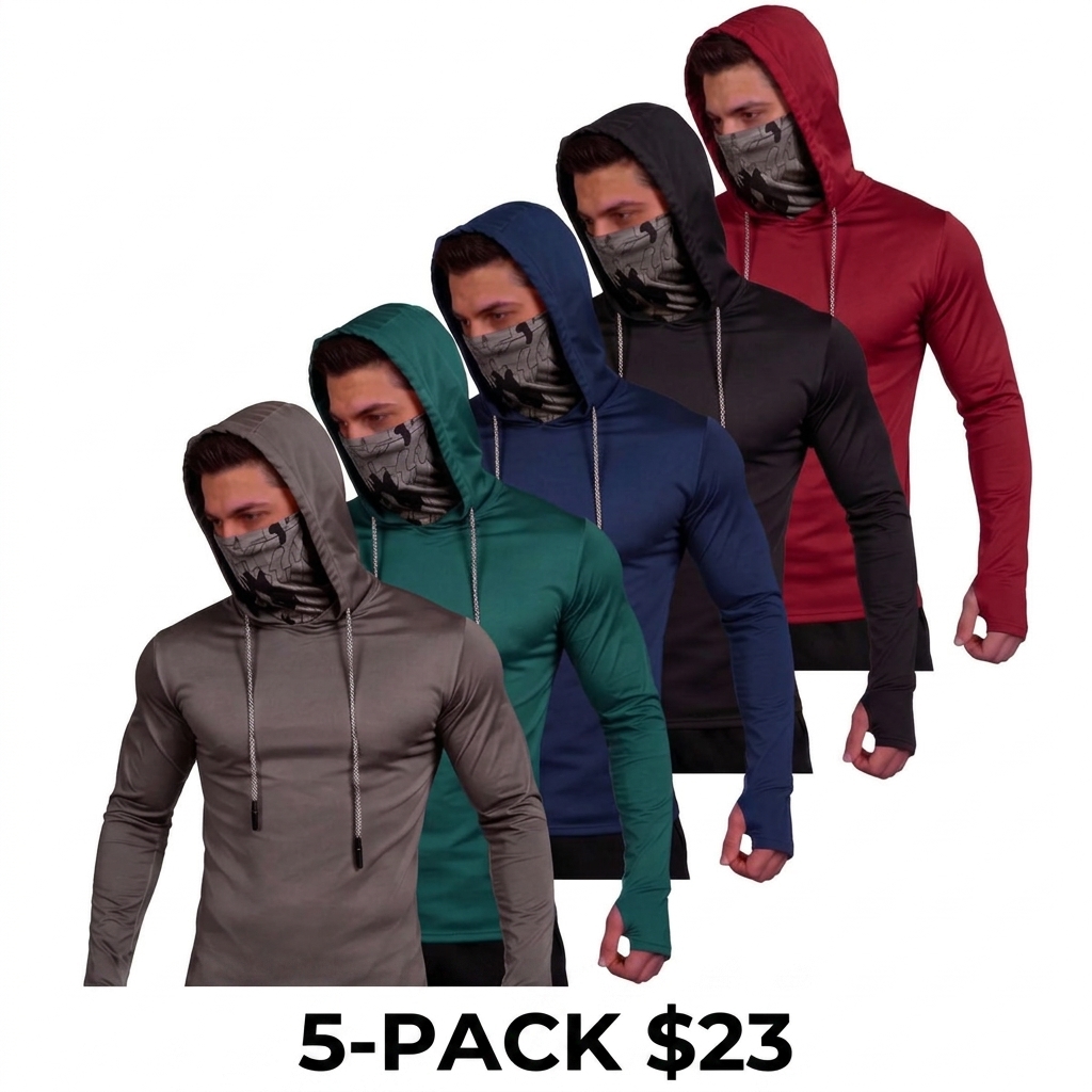Men's 5-Pack UPF 50+ Sun Protection Hoodie – Quick Dry Rash Guard with Face Gaiter & Thumbholes