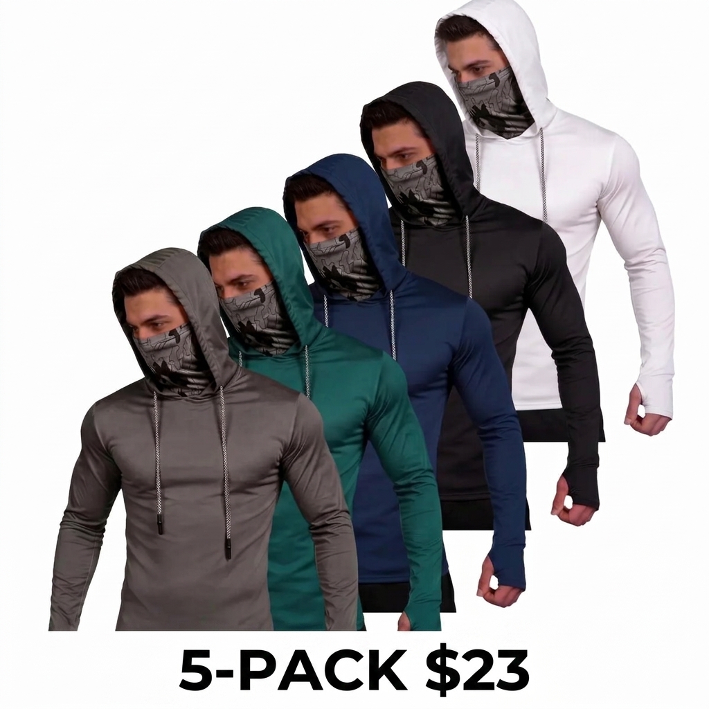 Men's 5-Pack UPF 50+ Sun Protection Hoodie – Quick Dry Rash Guard with Face Gaiter & Thumbholes