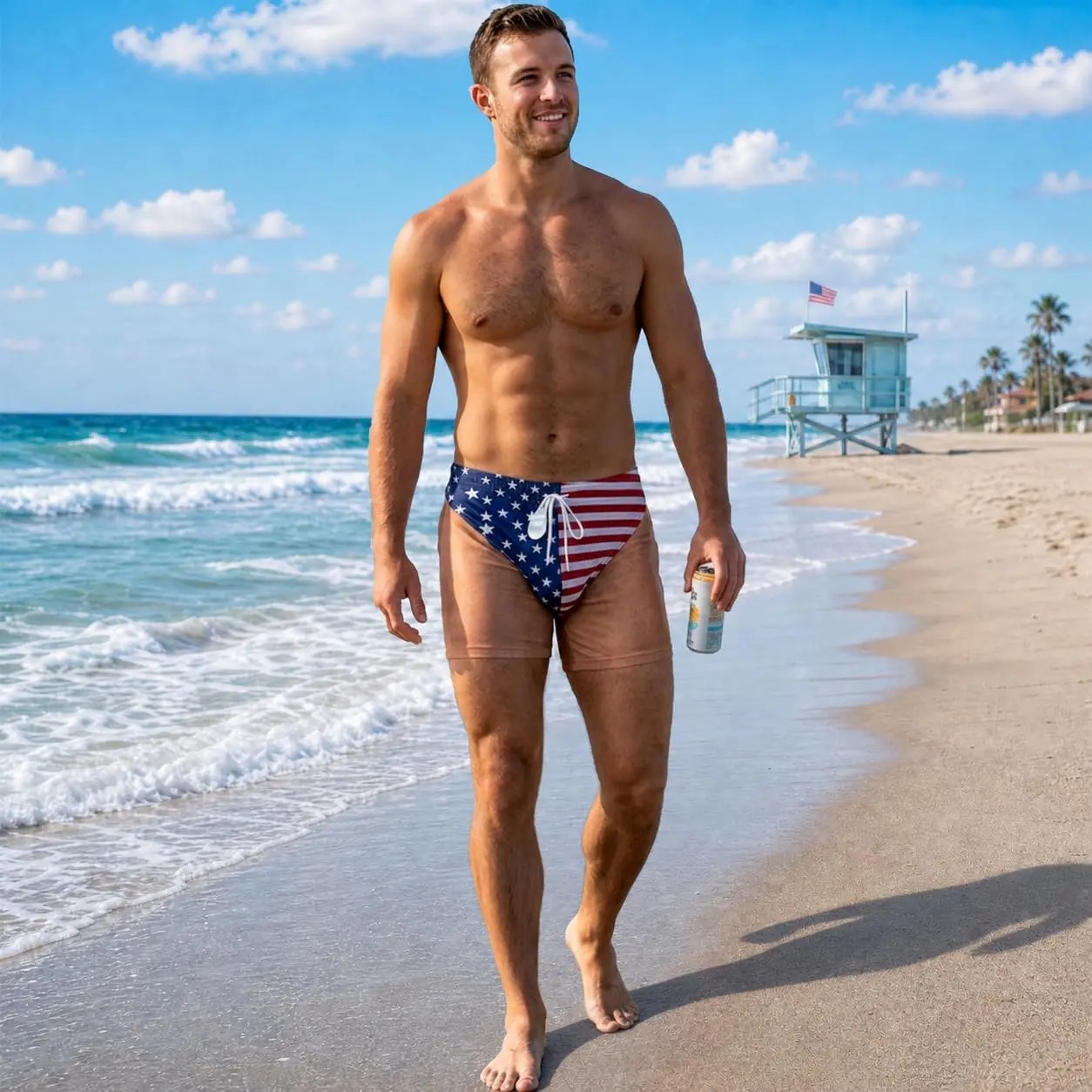 Men's Patriotic Swim Trunks – American Flag "Freedom & Chill" Quick Dry Beach Shorts with Mesh Lining
