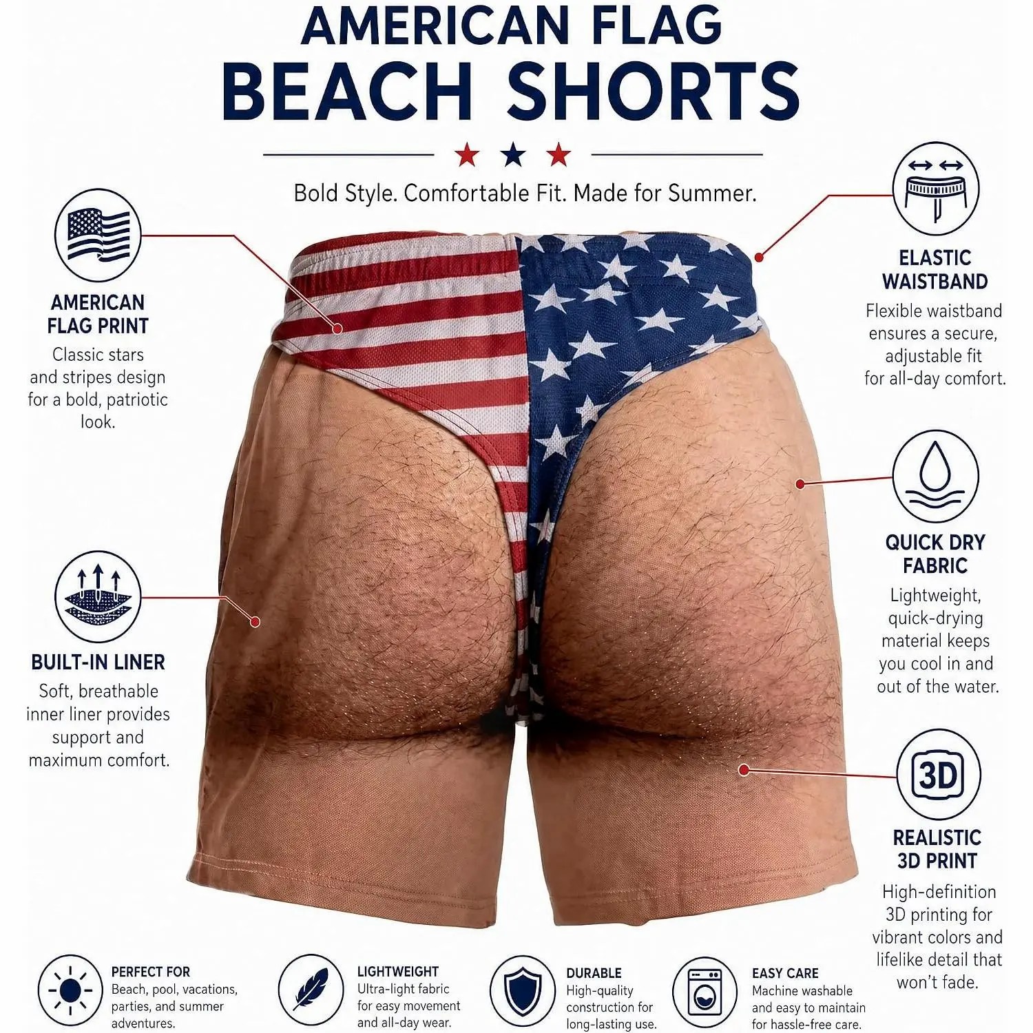 Men's Patriotic Swim Trunks – American Flag "Freedom & Chill" Quick Dry Beach Shorts with Mesh Lining
