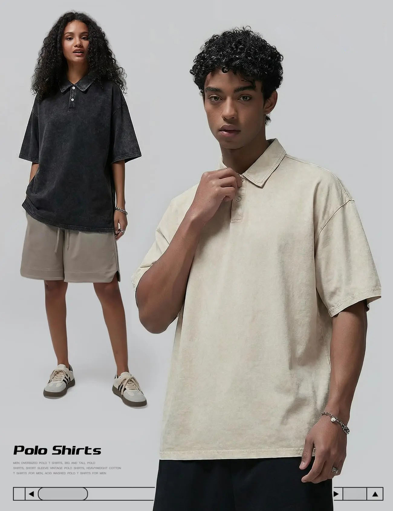 Unisex 5-Pack Acid Wash Oversized Polo Shirts – Vintage Cotton Baggy Streetwear Tees