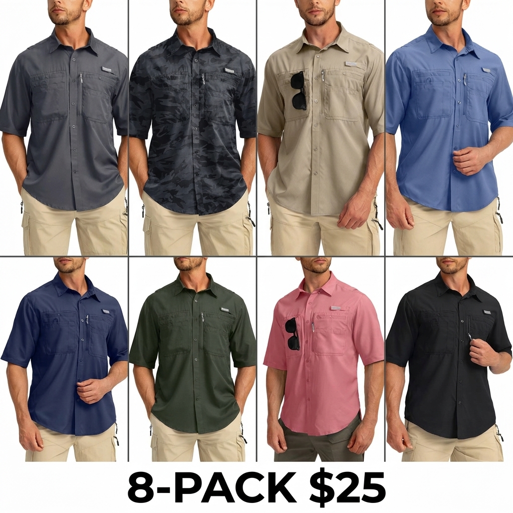 Men's UPF 50+ Fishing Shirt – Lightweight Quick-Dry Short Sleeve Button-Down with Zipper Pockets
