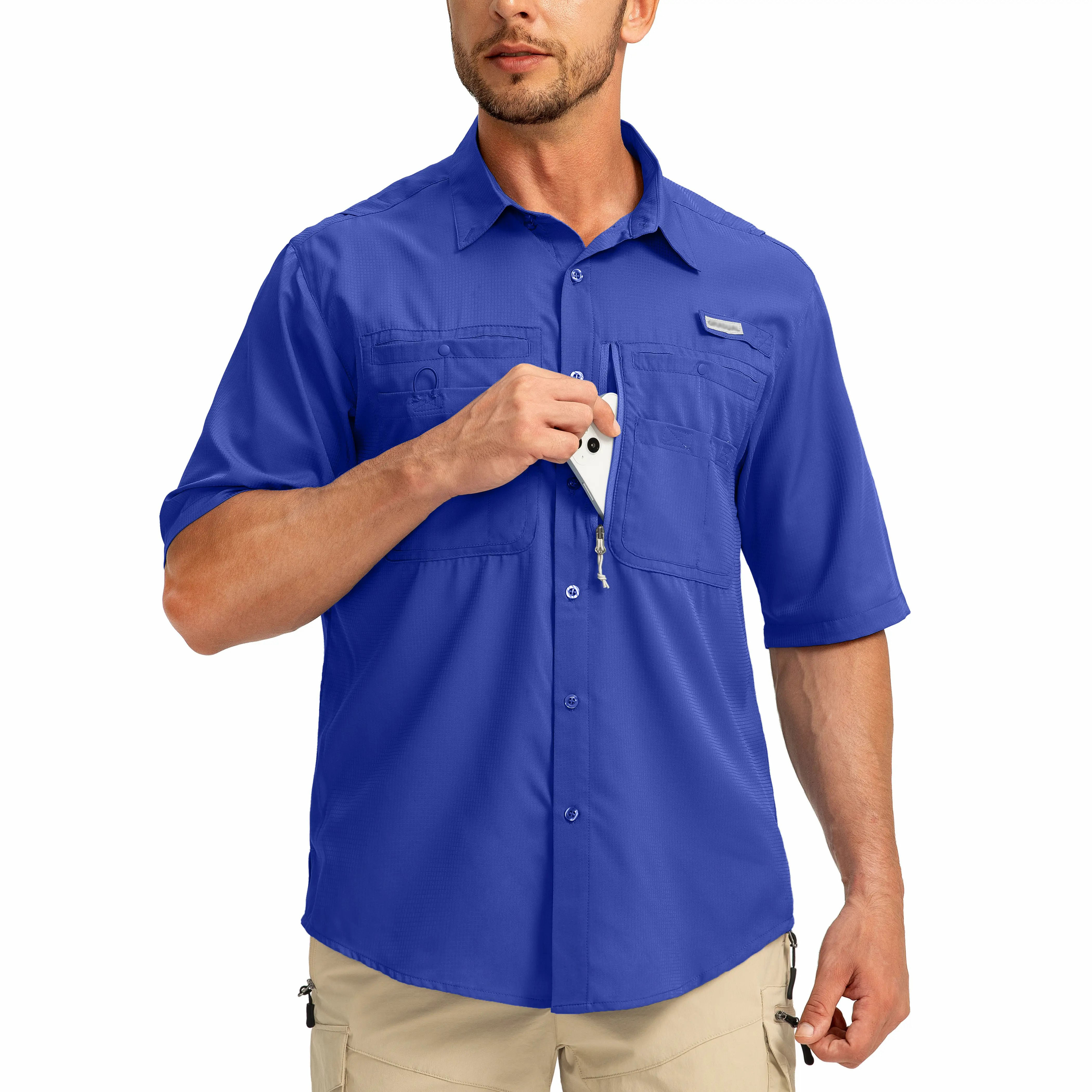 Men's UPF 50+ Fishing Shirt – Lightweight Quick-Dry Short Sleeve Button-Down with Zipper Pockets