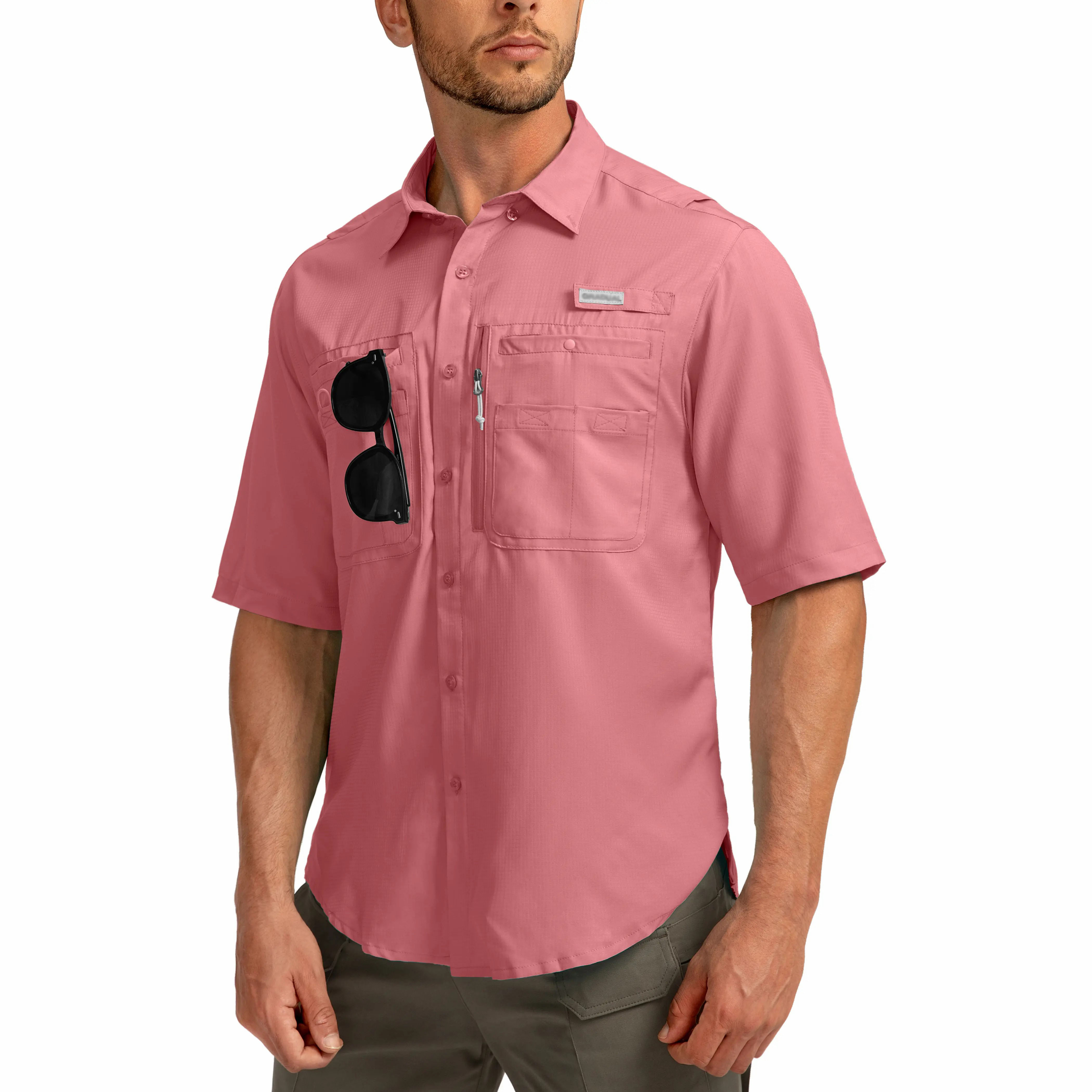 Men's UPF 50+ Fishing Shirt – Lightweight Quick-Dry Short Sleeve Button-Down with Zipper Pockets