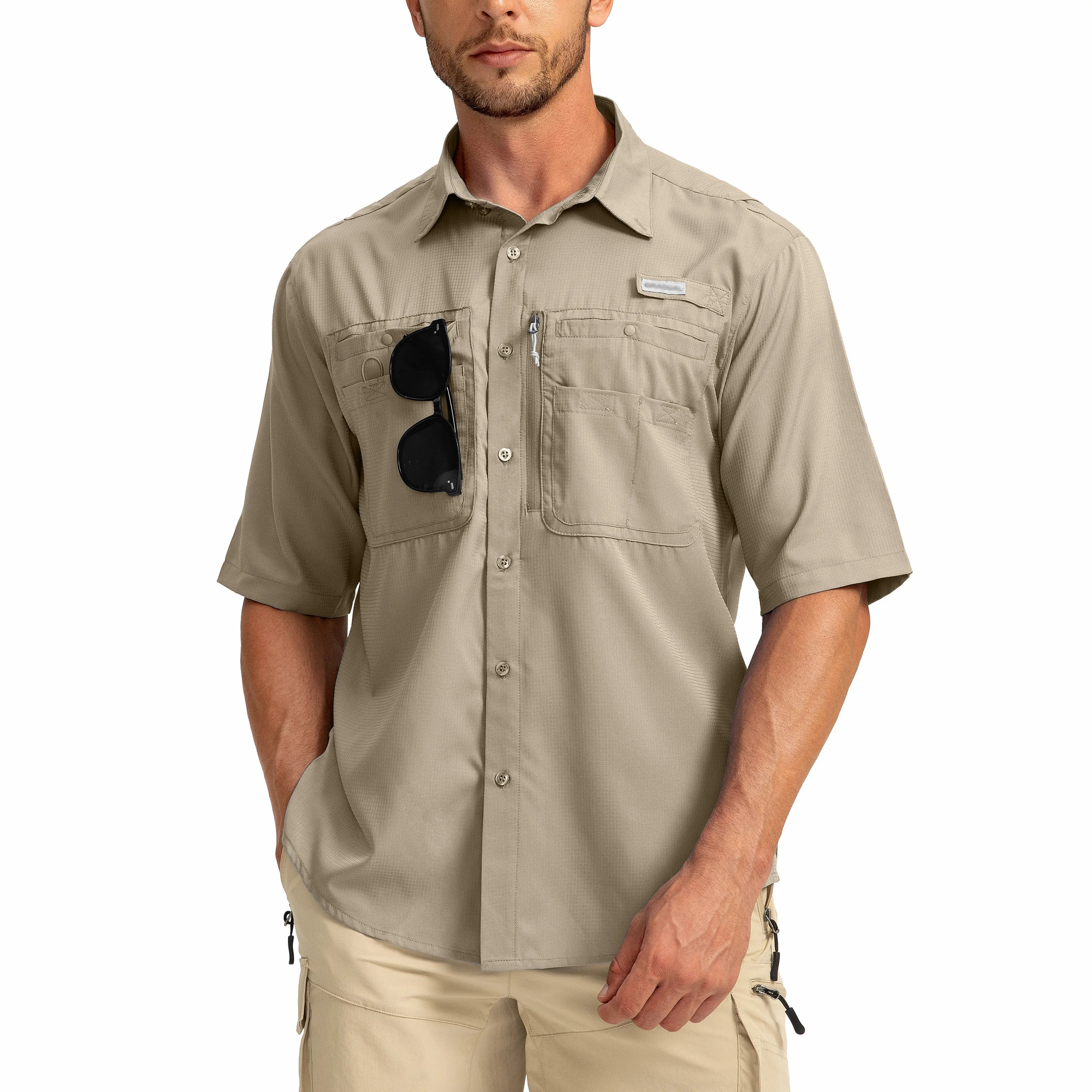 Men's UPF 50+ Fishing Shirt – Lightweight Quick-Dry Short Sleeve Button-Down with Zipper Pockets