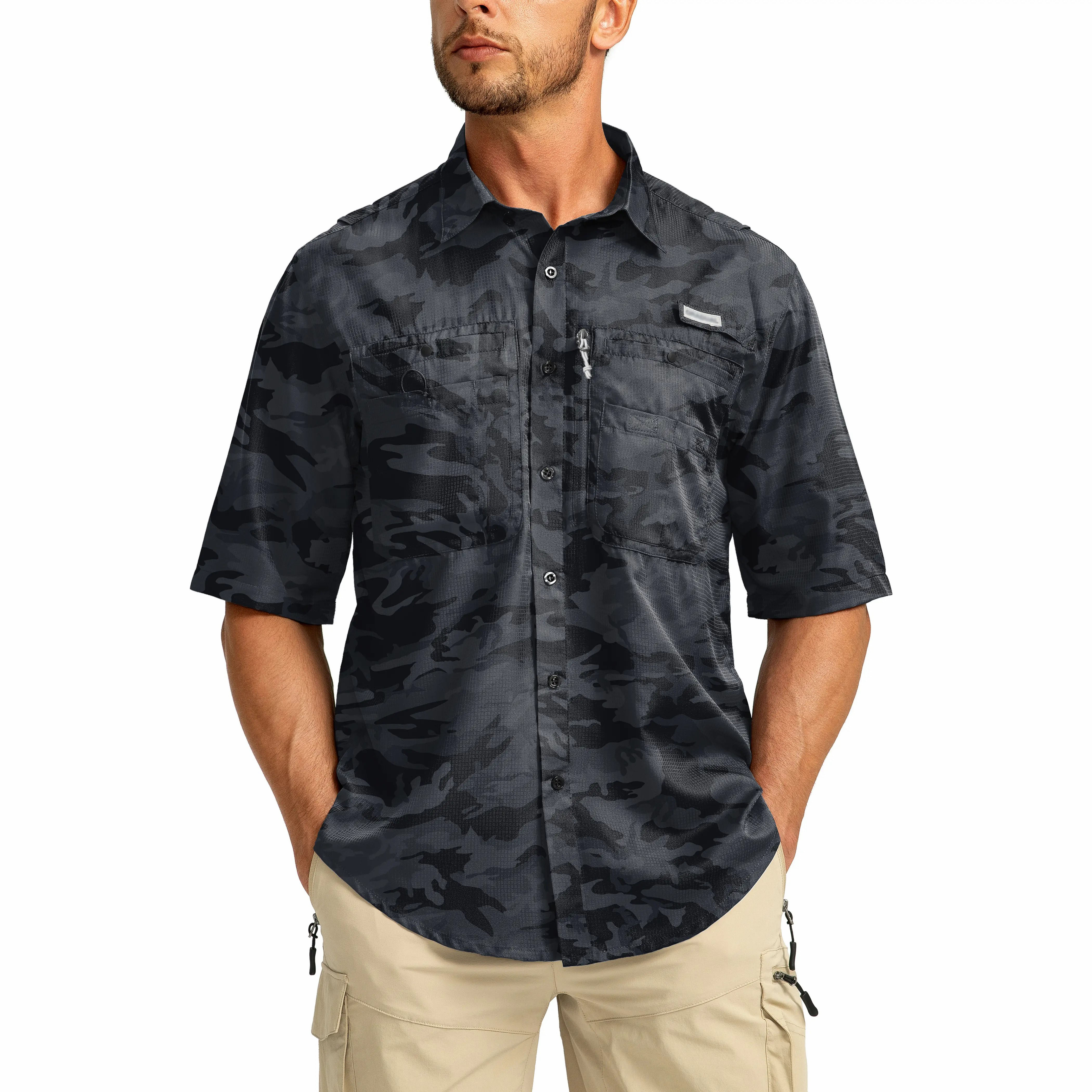 Men's UPF 50+ Fishing Shirt – Lightweight Quick-Dry Short Sleeve Button-Down with Zipper Pockets