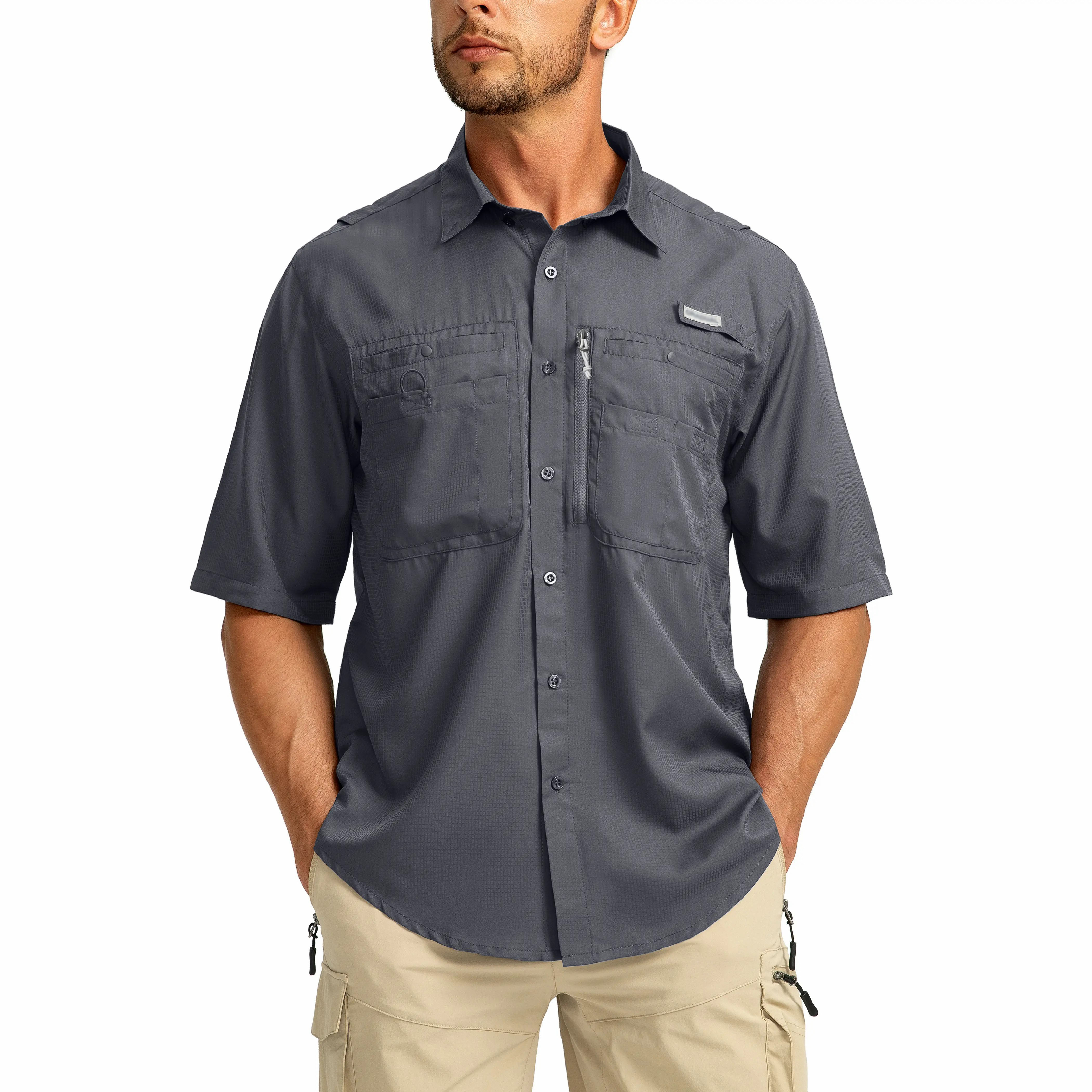 Men's UPF 50+ Fishing Shirt – Lightweight Quick-Dry Short Sleeve Button-Down with Zipper Pockets