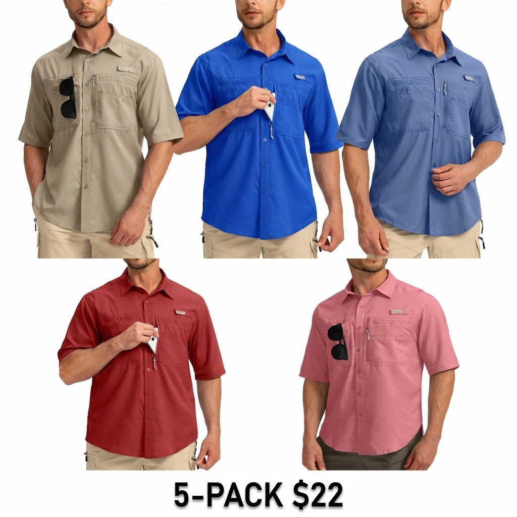 Men's UPF 50+ Fishing Shirt – Lightweight Quick-Dry Short Sleeve Button-Down with Zipper Pockets
