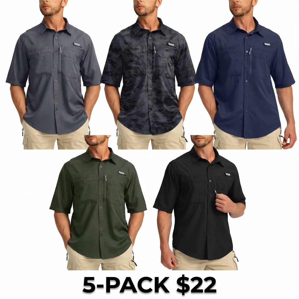 Men's UPF 50+ Fishing Shirt – Lightweight Quick-Dry Short Sleeve Button-Down with Zipper Pockets