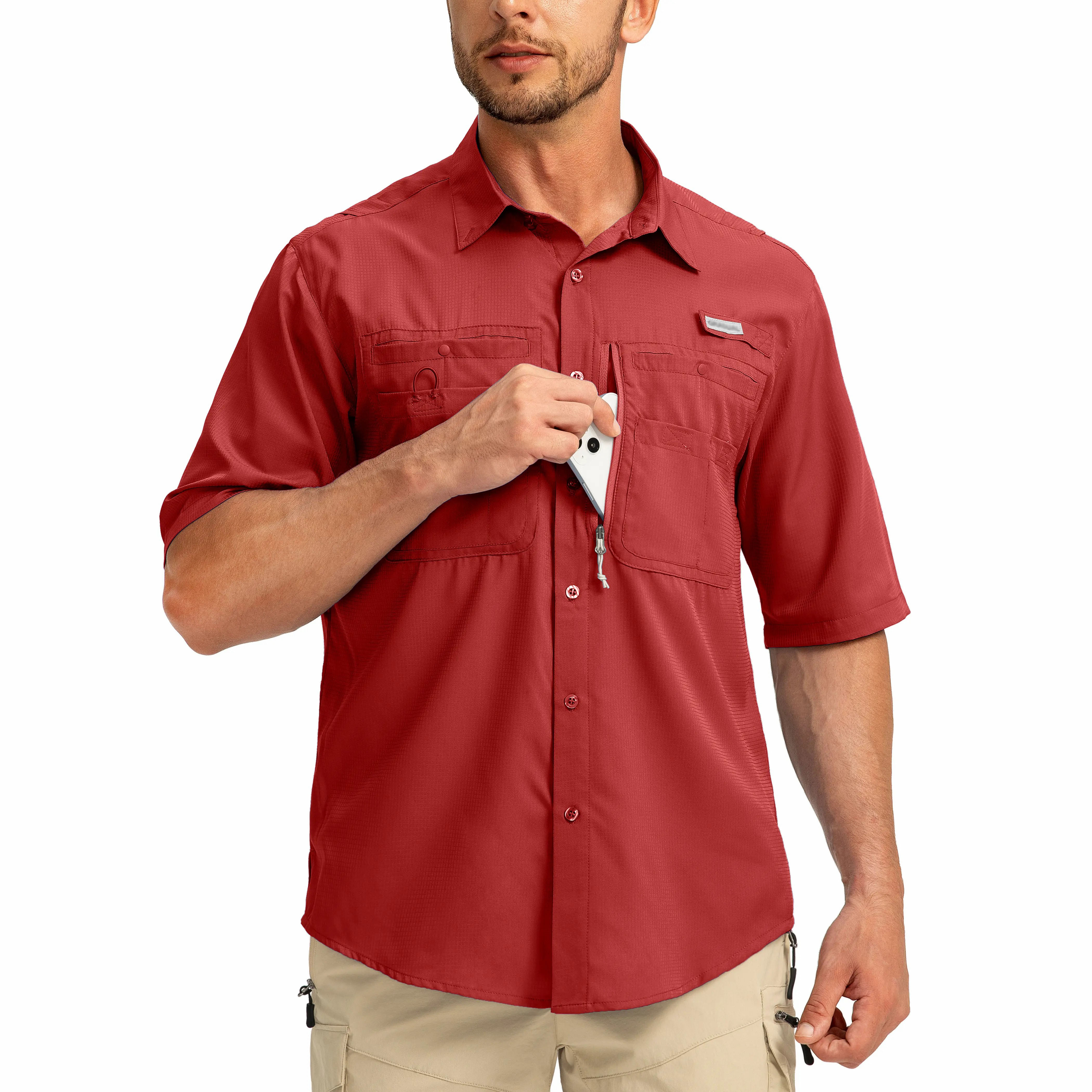 Men's UPF 50+ Fishing Shirt – Lightweight Quick-Dry Short Sleeve Button-Down with Zipper Pockets