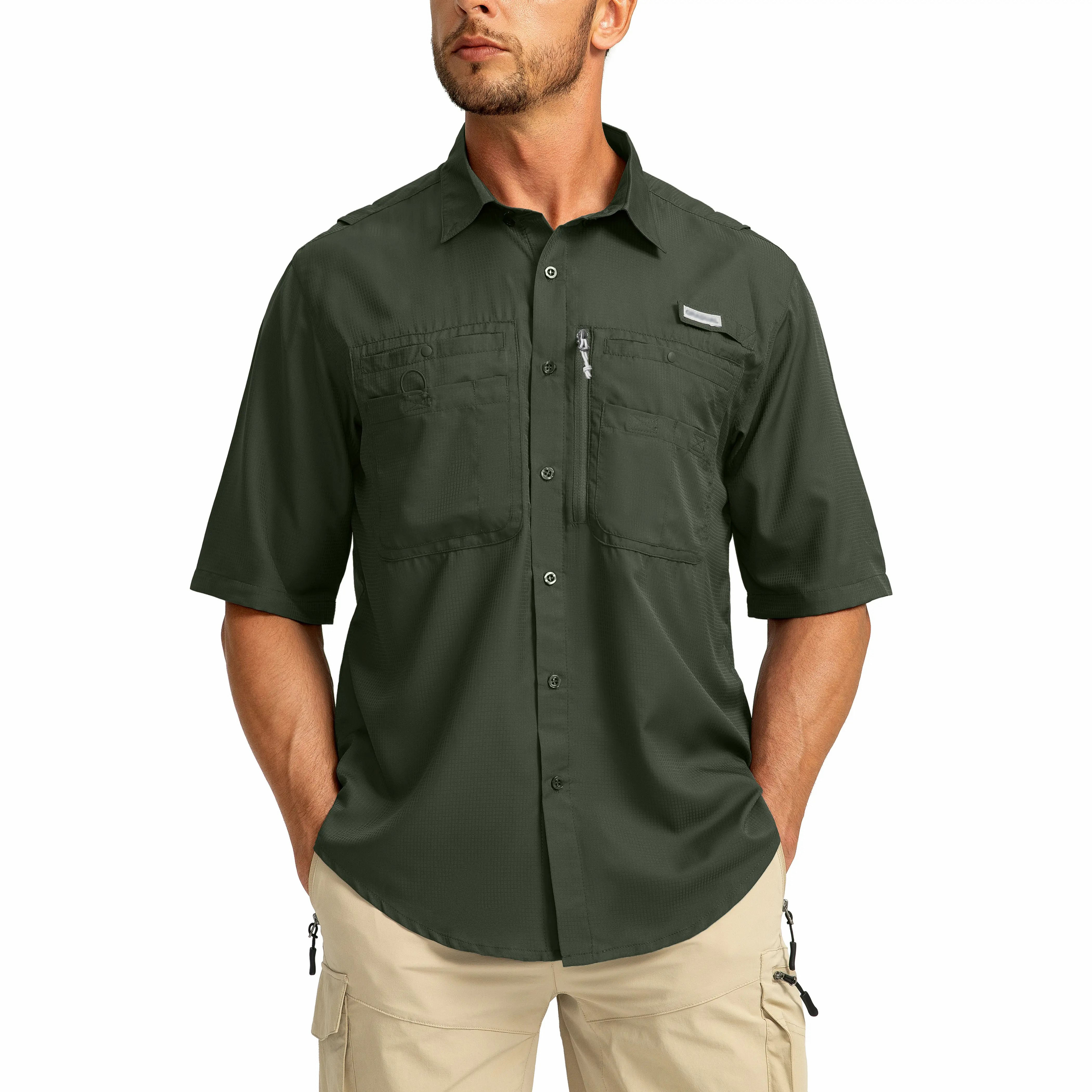 Men's UPF 50+ Fishing Shirt – Lightweight Quick-Dry Short Sleeve Button-Down with Zipper Pockets