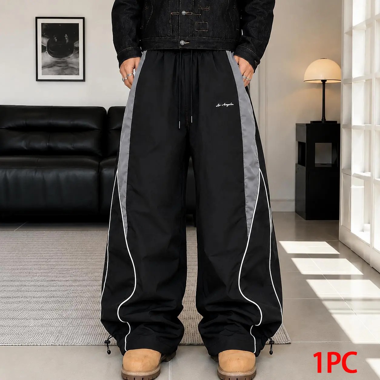 Men's Color-Block Side Stripe Wide Leg Pants – American Retro Loose Drape Sweatpants with LA Embroidery