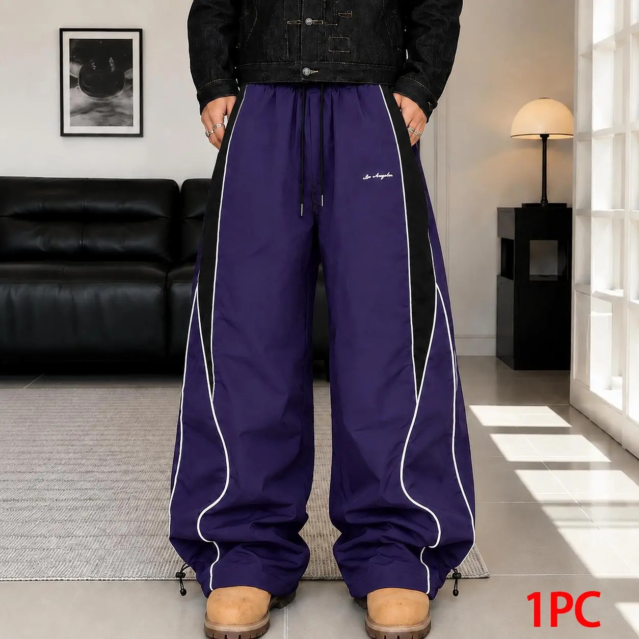 Men's Color-Block Side Stripe Wide Leg Pants – American Retro Loose Drape Sweatpants with LA Embroidery