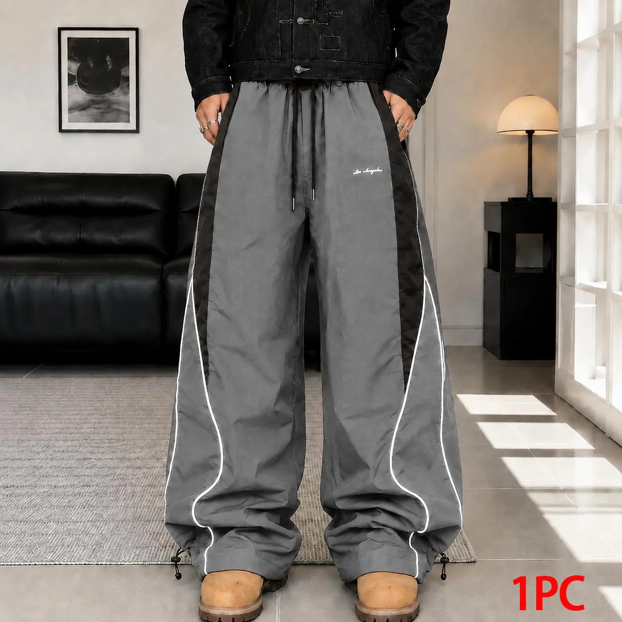 Men's Color-Block Side Stripe Wide Leg Pants – American Retro Loose Drape Sweatpants with LA Embroidery