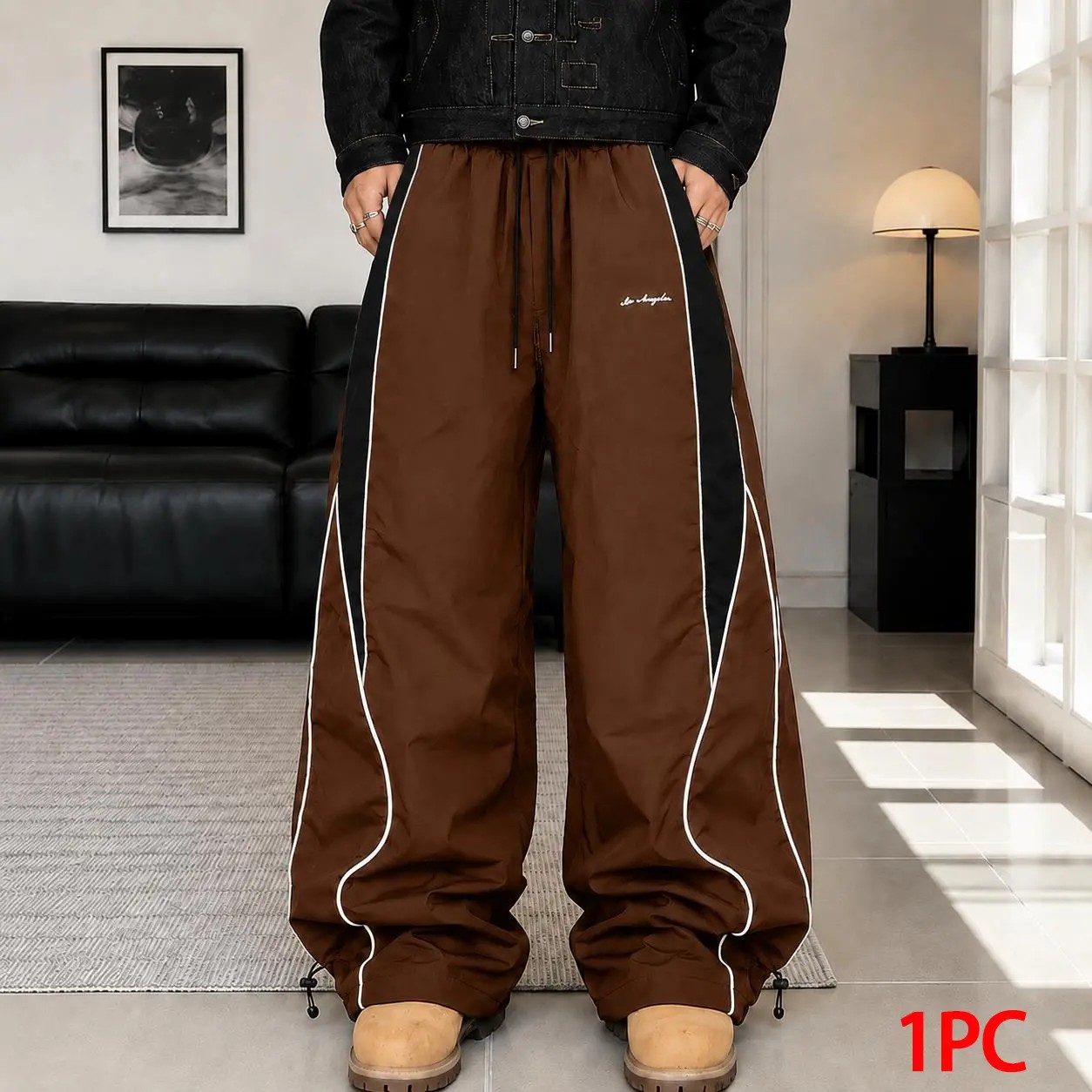 Men's Color-Block Side Stripe Wide Leg Pants – American Retro Loose Drape Sweatpants with LA Embroidery