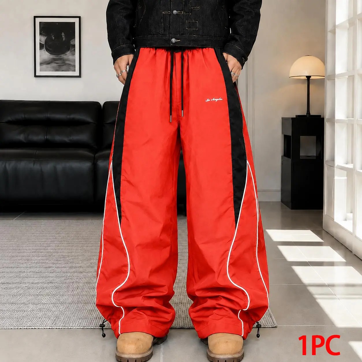 Men's Color-Block Side Stripe Wide Leg Pants – American Retro Loose Drape Sweatpants with LA Embroidery