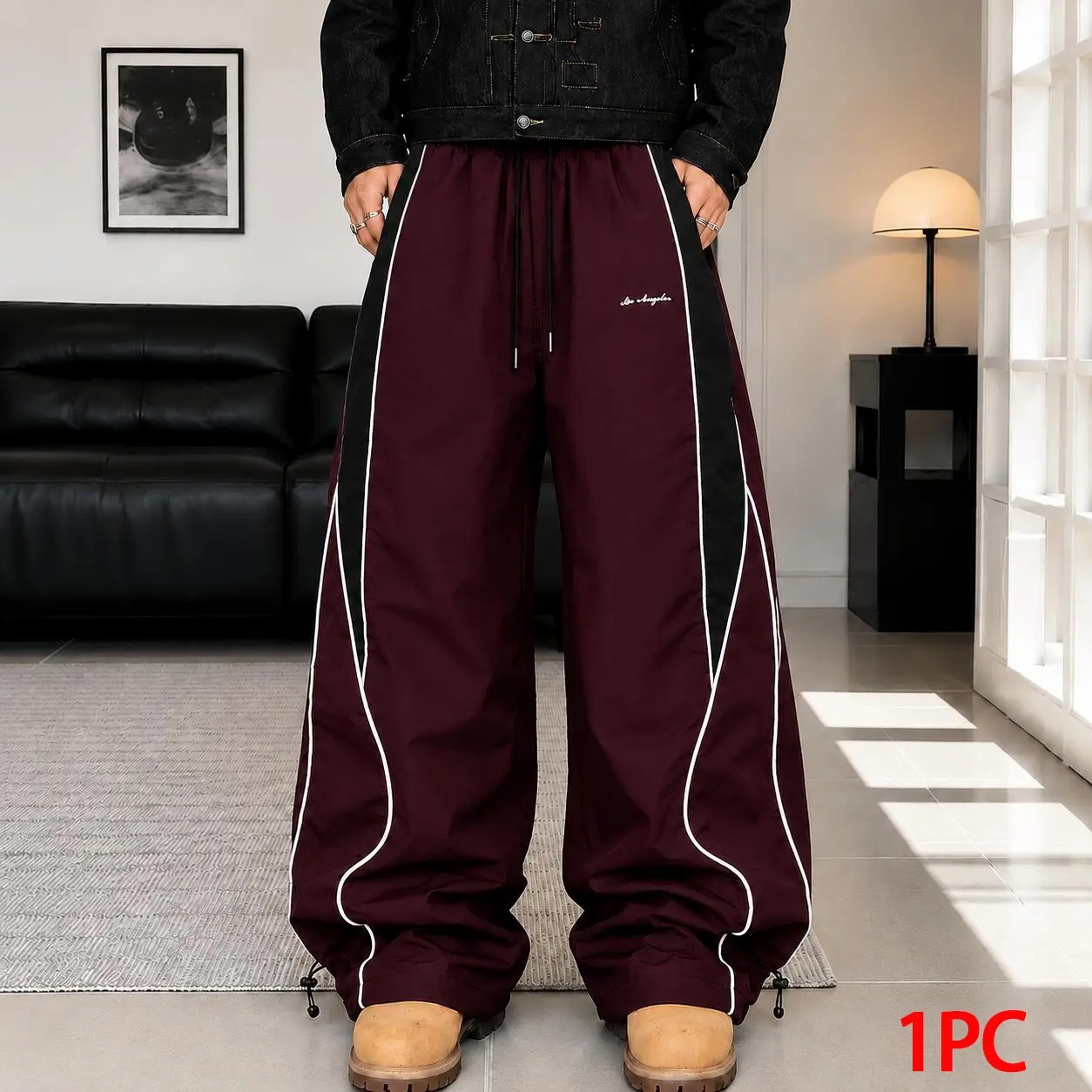 Men's Color-Block Side Stripe Wide Leg Pants – American Retro Loose Drape Sweatpants with LA Embroidery