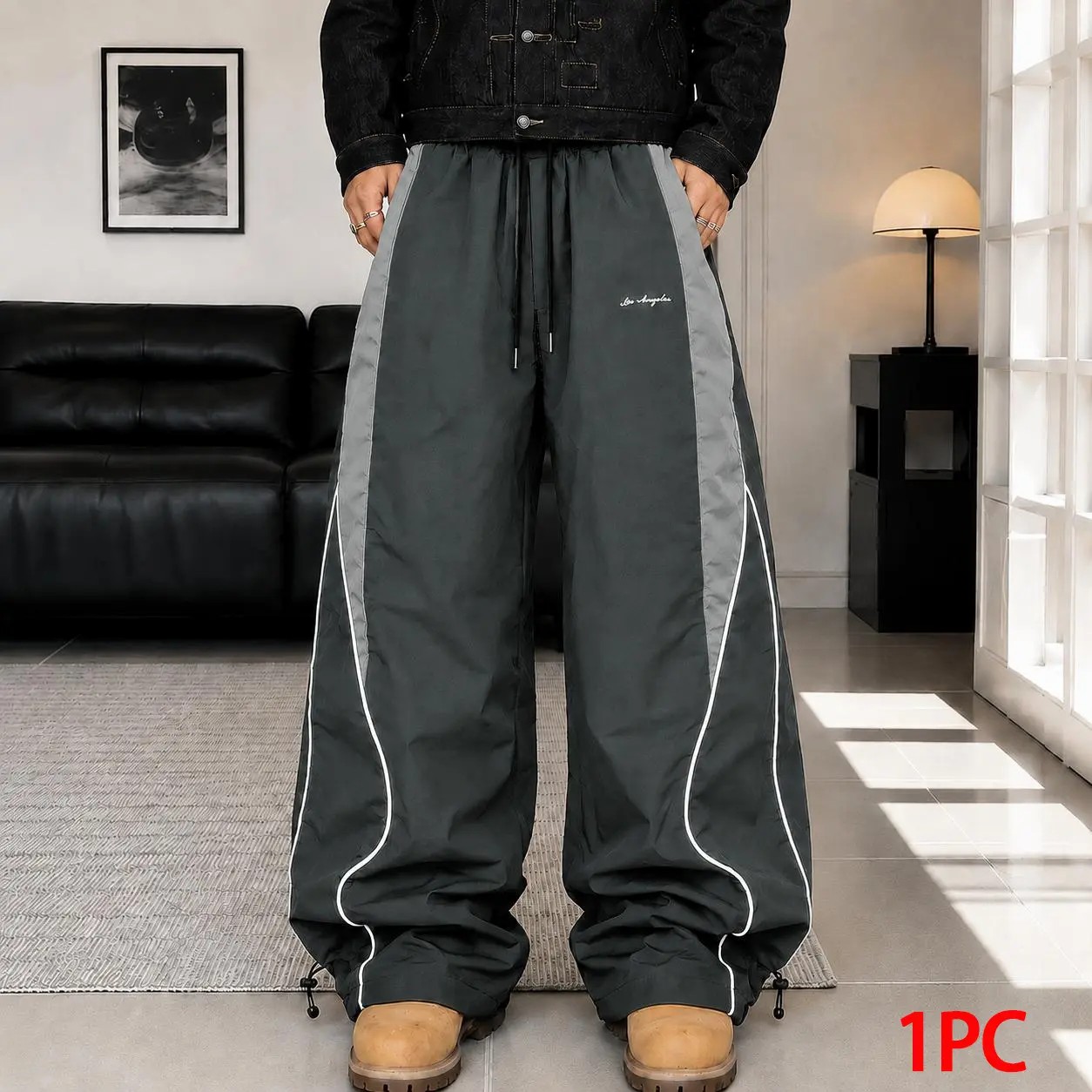 Men's Color-Block Side Stripe Wide Leg Pants – American Retro Loose Drape Sweatpants with LA Embroidery