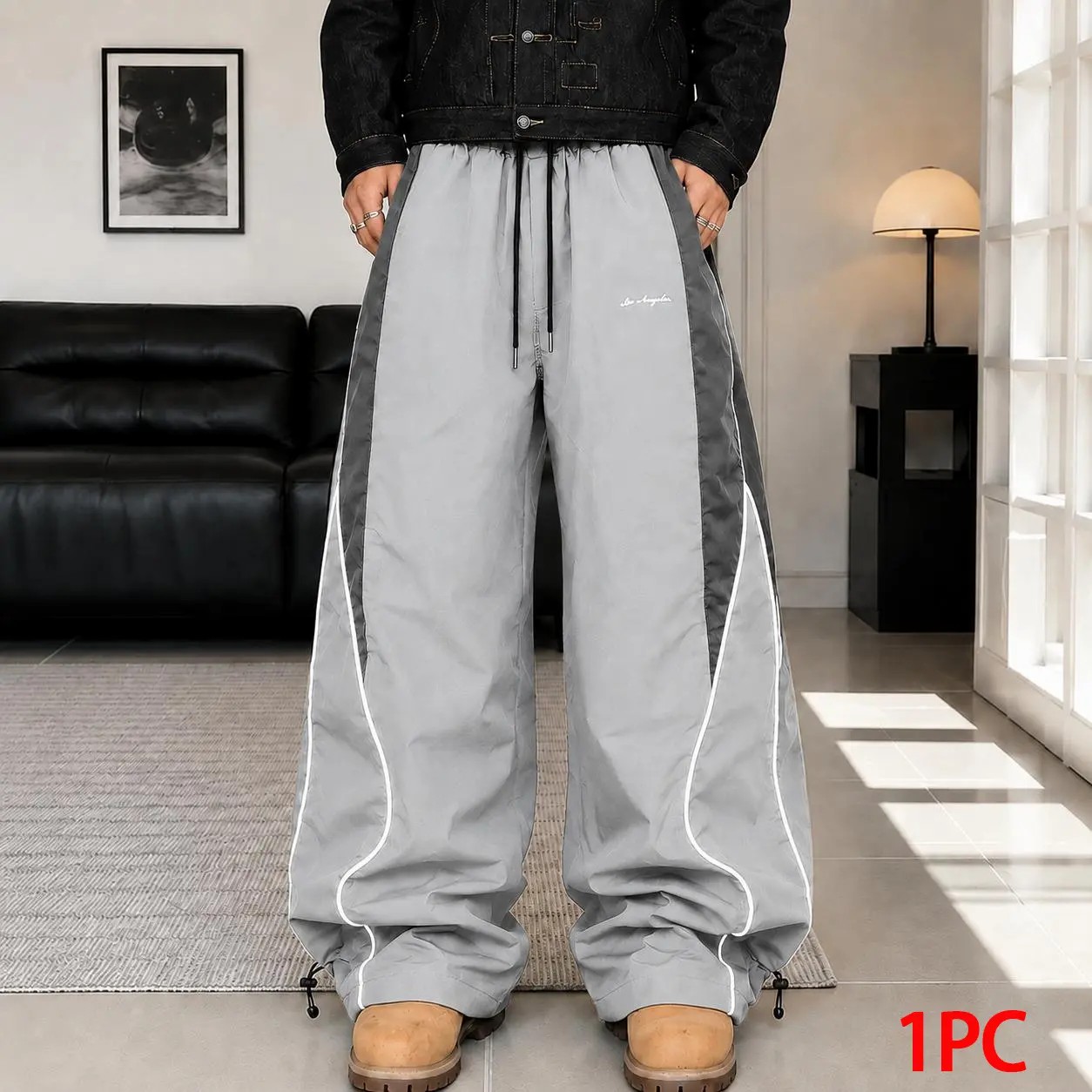 Men's Color-Block Side Stripe Wide Leg Pants – American Retro Loose Drape Sweatpants with LA Embroidery