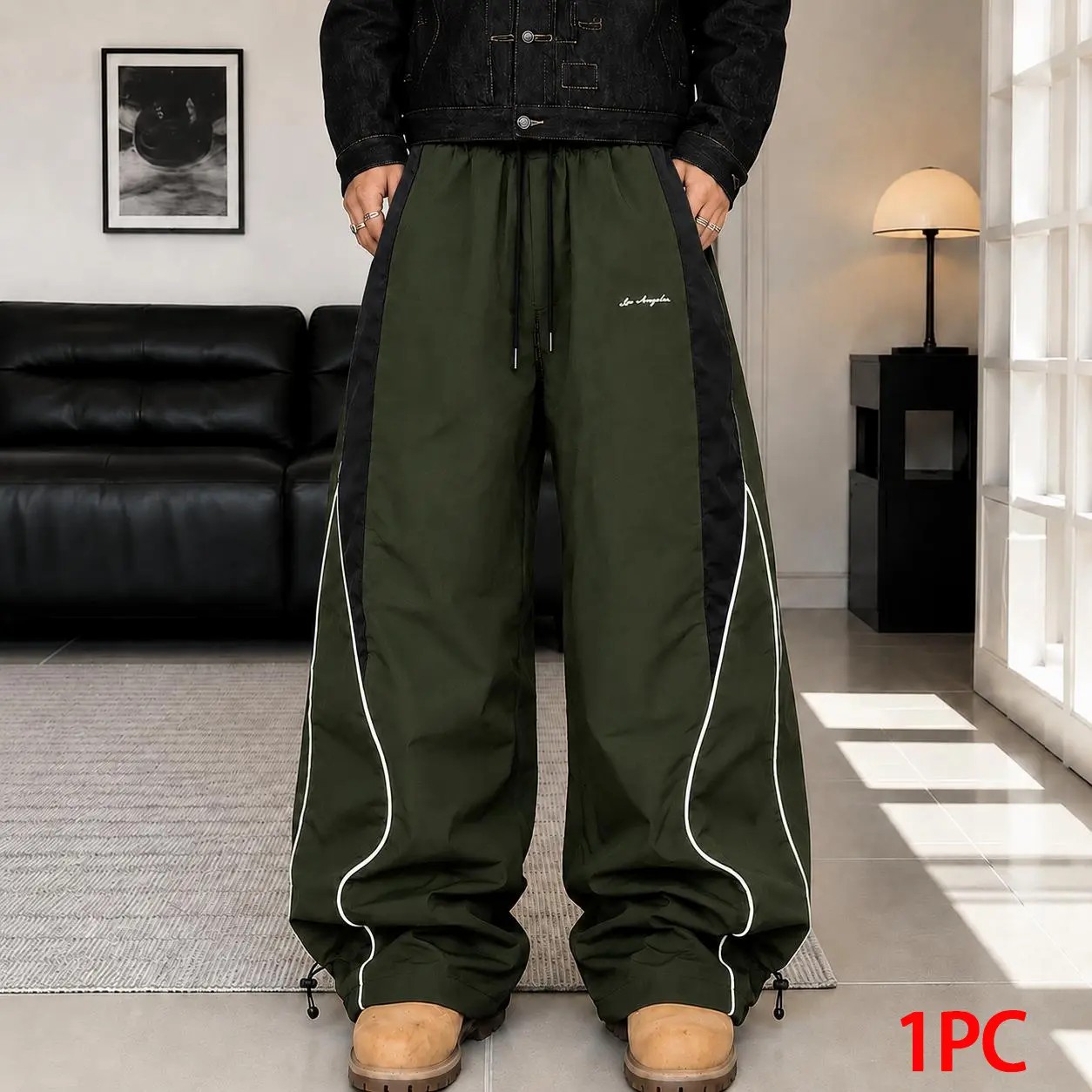 Men's Color-Block Side Stripe Wide Leg Pants – American Retro Loose Drape Sweatpants with LA Embroidery