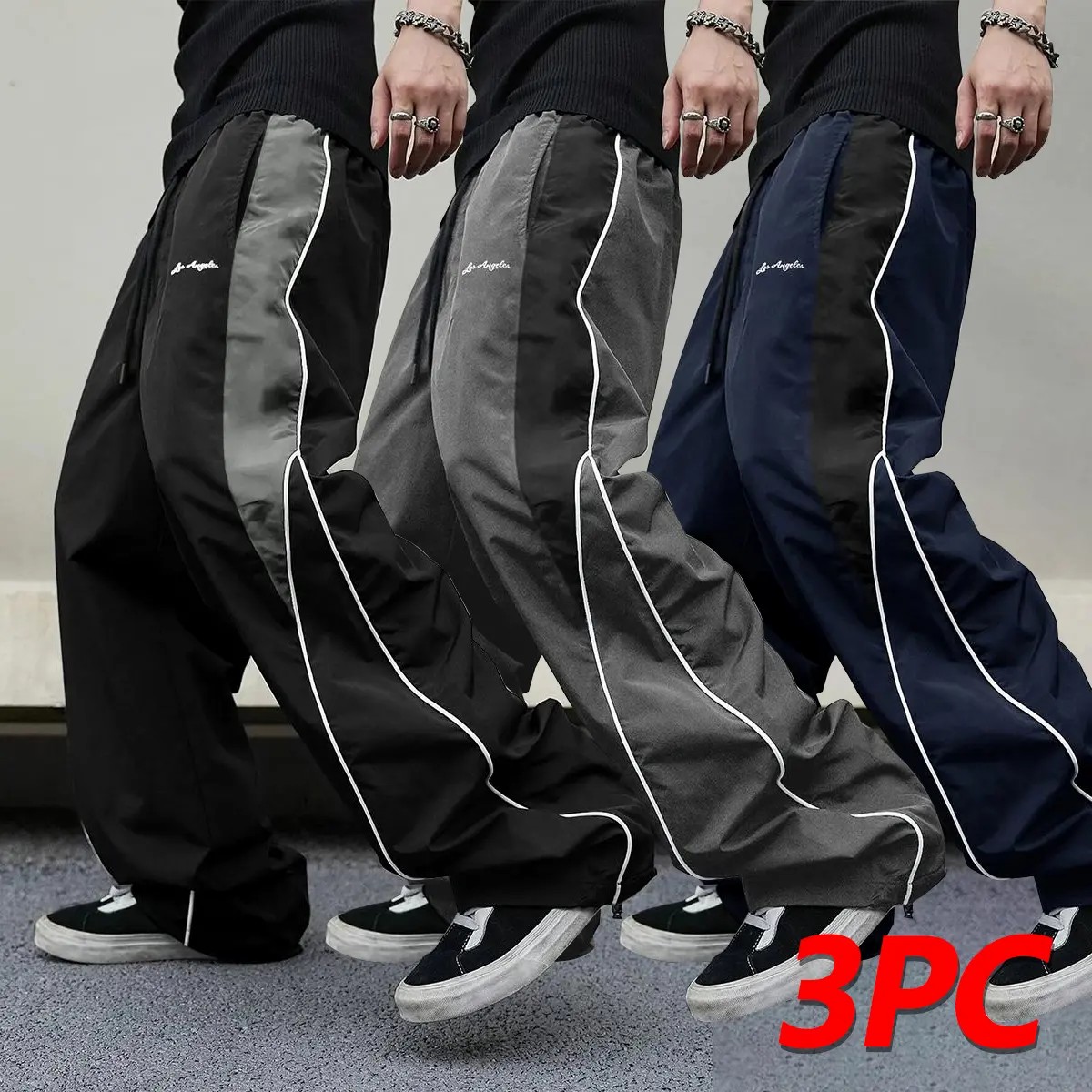 Men's Color-Block Side Stripe Wide Leg Pants – American Retro Loose Drape Sweatpants with LA Embroidery