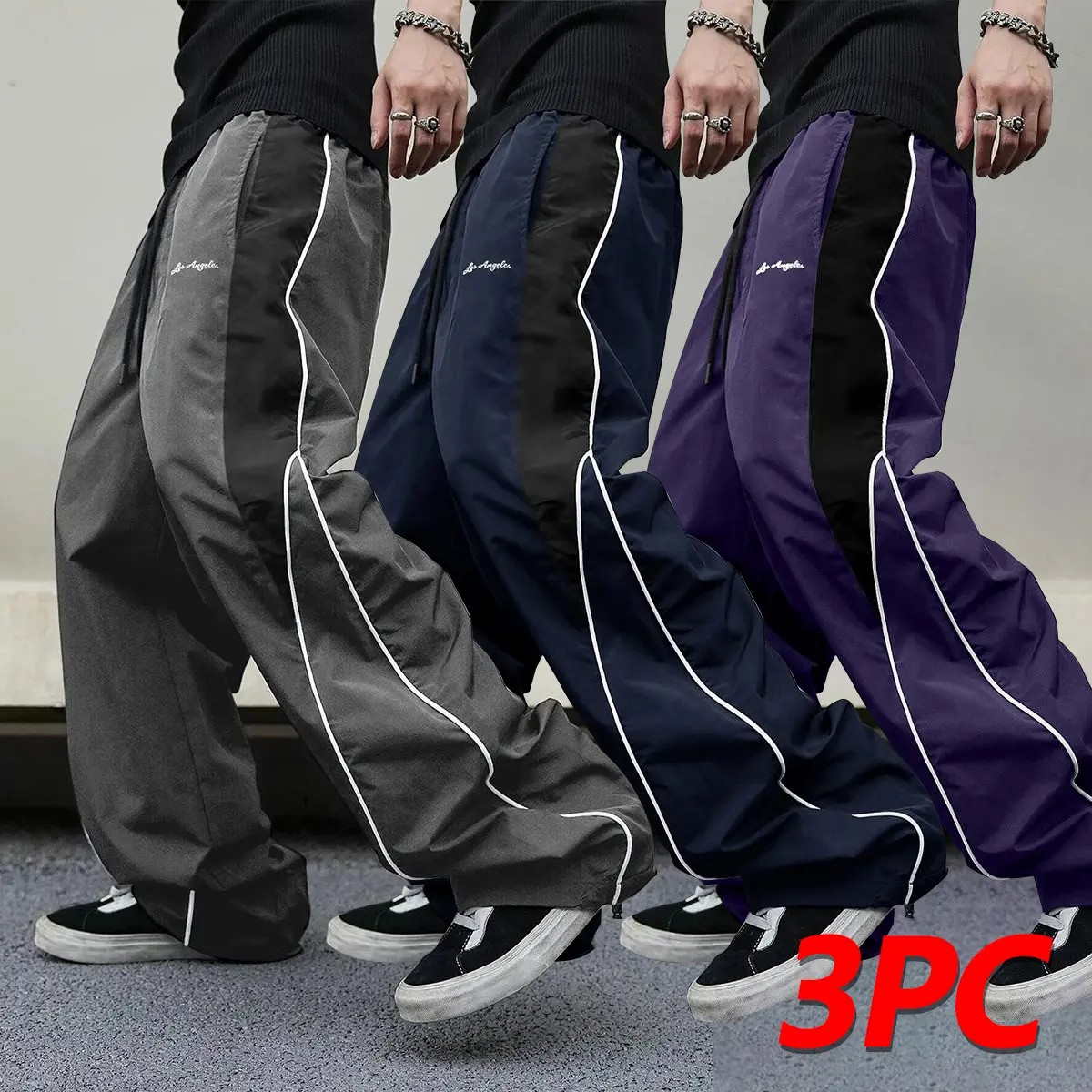 Men's Color-Block Side Stripe Wide Leg Pants – American Retro Loose Drape Sweatpants with LA Embroidery